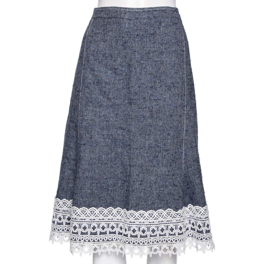 Pre Owned Oscar de la Renta Blue Silk & Linen Lace Trimmed Skirt MTO