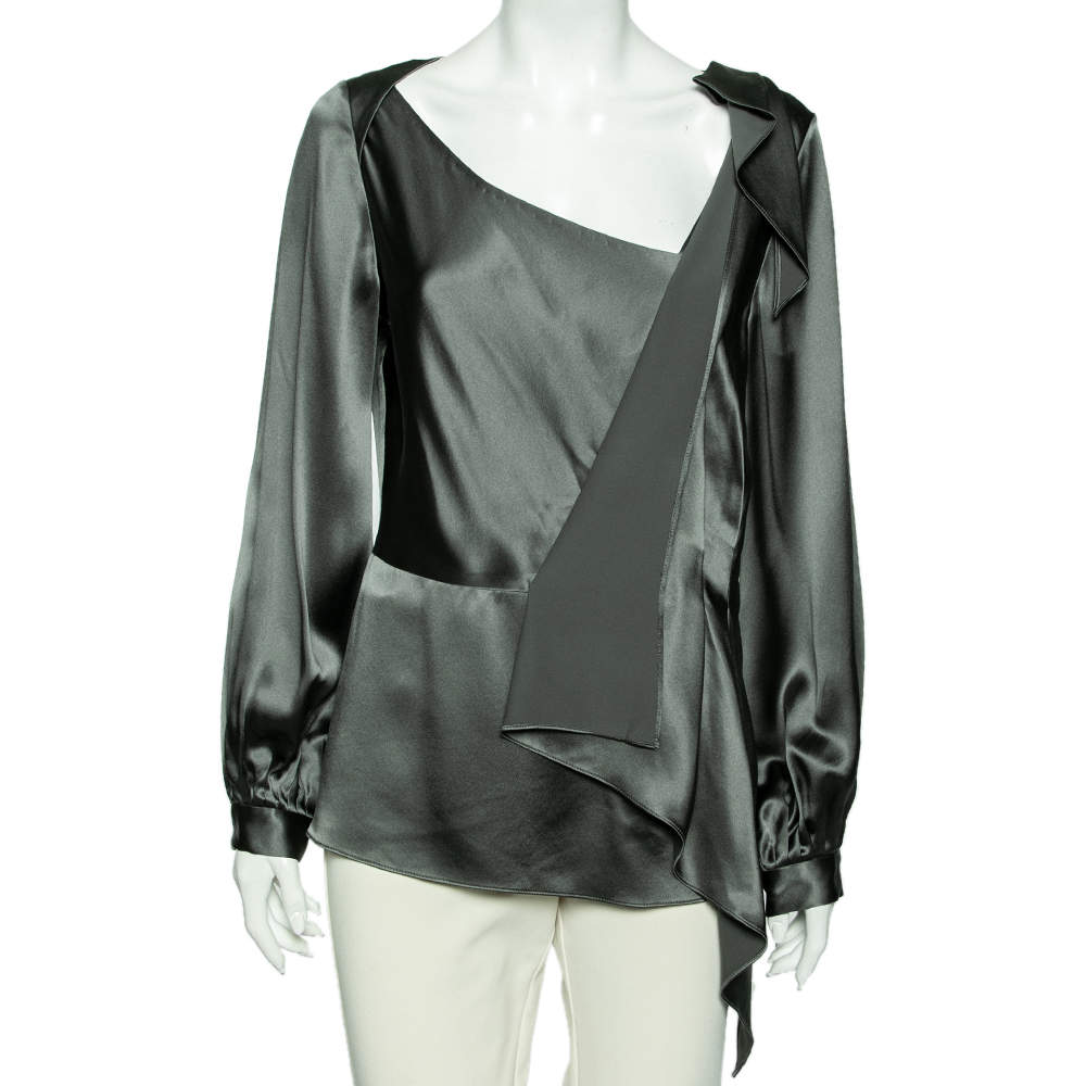 Pre Owned Oscar de la Renta Dark Green Satin Draped Top L