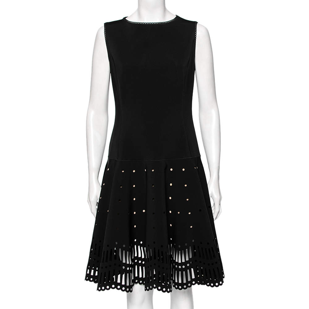 Pre Owned Oscar de la Renta Black Neoprene  Laser Cut Patterned Dress L 