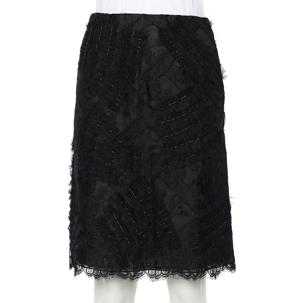 Pre Owned Oscar De La Renta Black Lace & Tulle Embellished Pencil Skirt S