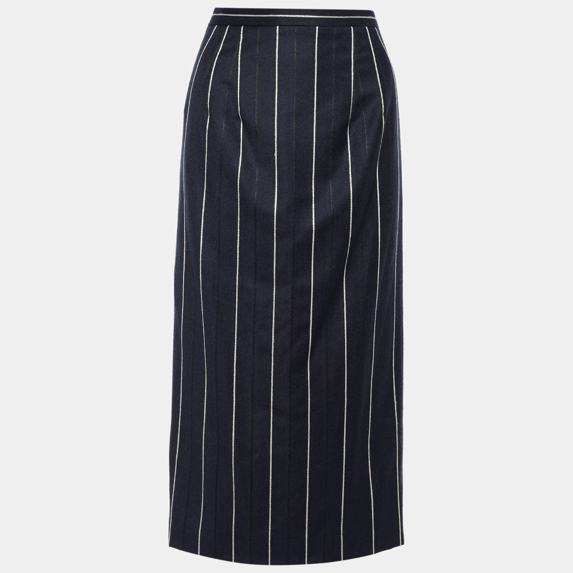 Pre Owned Oscar de la Renta Navy Blue & White Striped Midi Skirt S