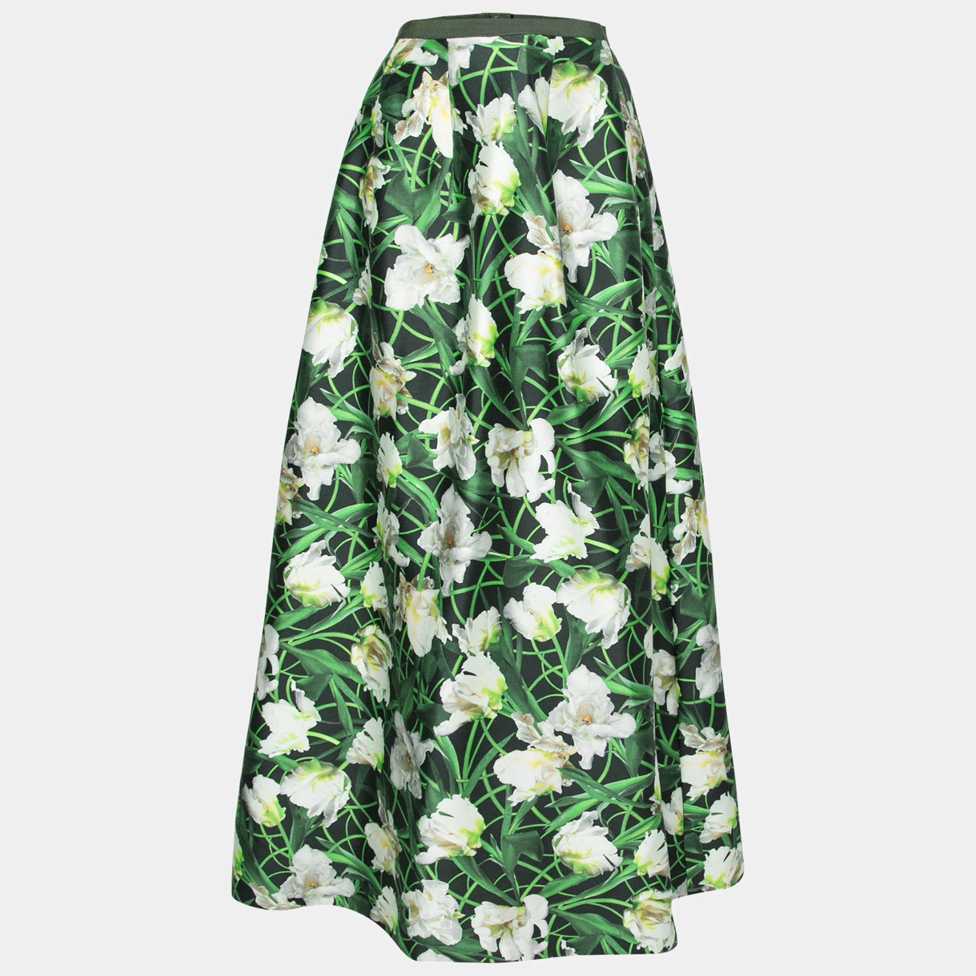 Pre Owned Oscar de la Renta Green Floral Printed Silk & Wool Maxi Skirt M