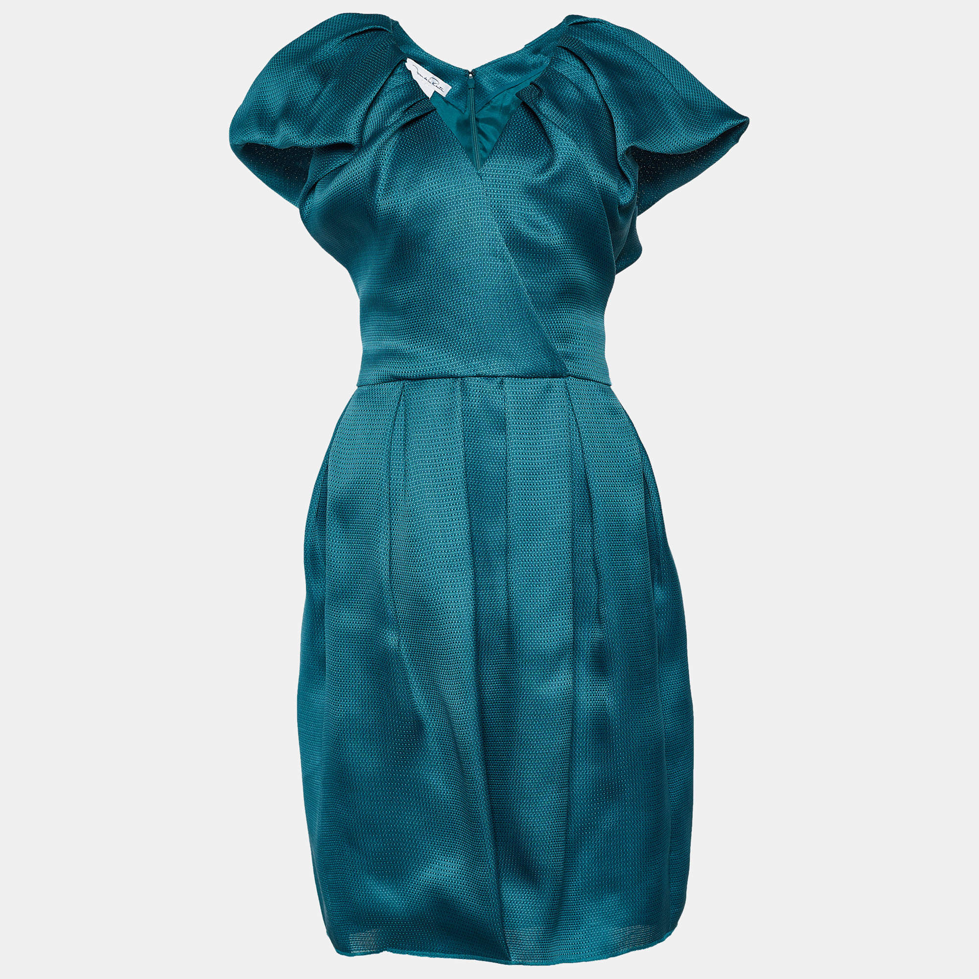 Pre Owned Oscar de la Renta Teal Blue Basket Weave Cocktail Dress M