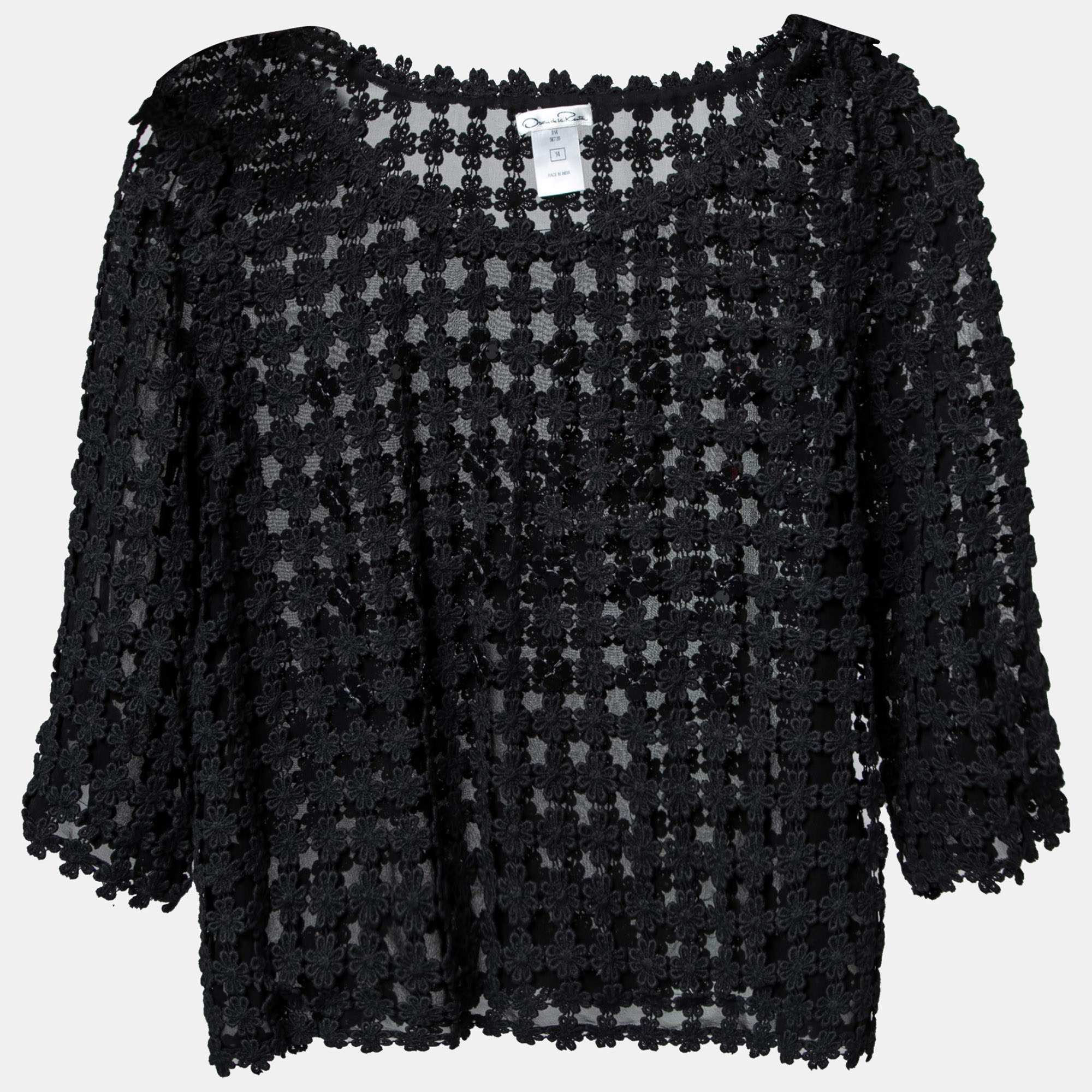 Pre Owned Oscar de la Renta Black Floral Guipure Lace Silk Top XL