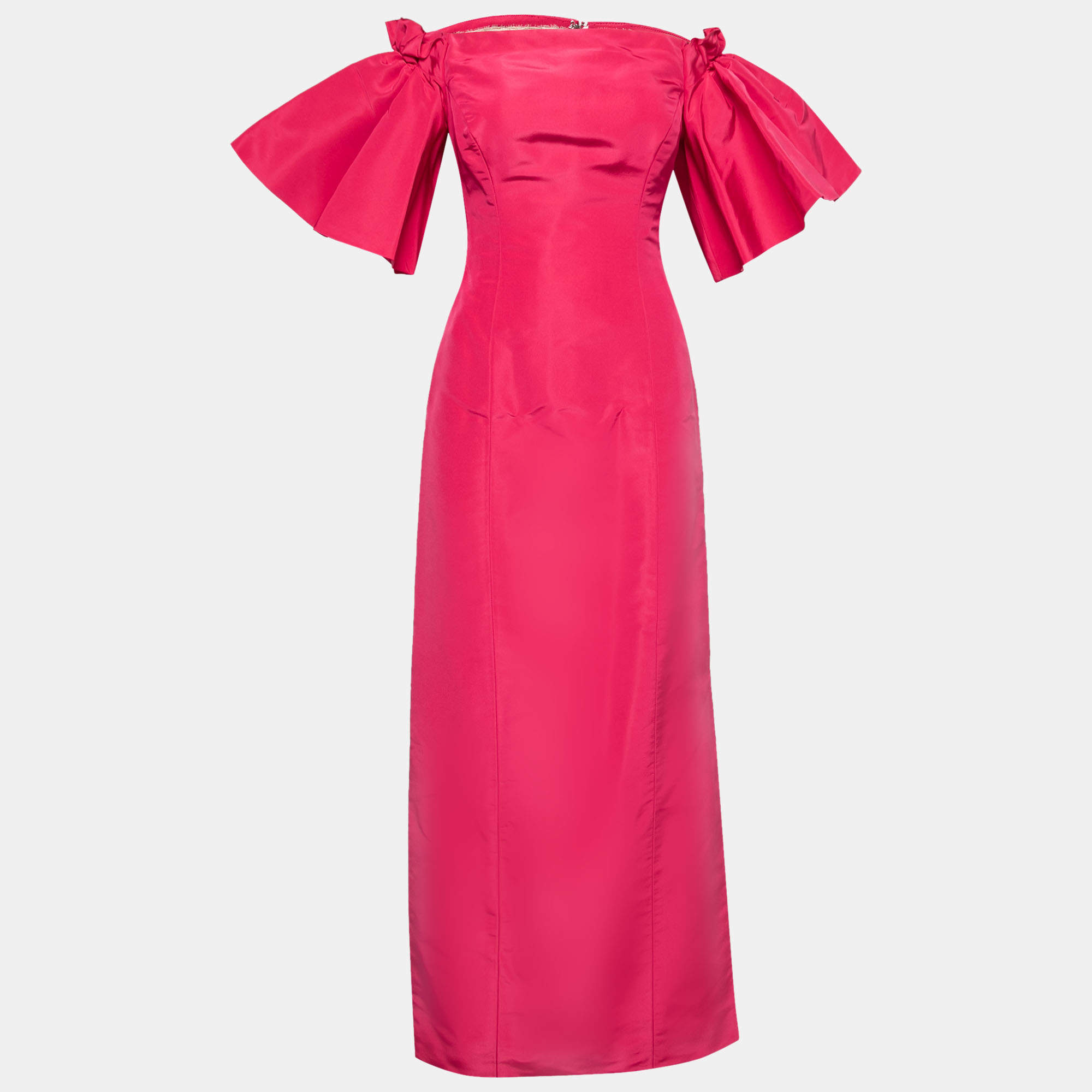 Oscar de la Renta Pink Silk Off-Shoulder Flutter Sleeve Long Dress M