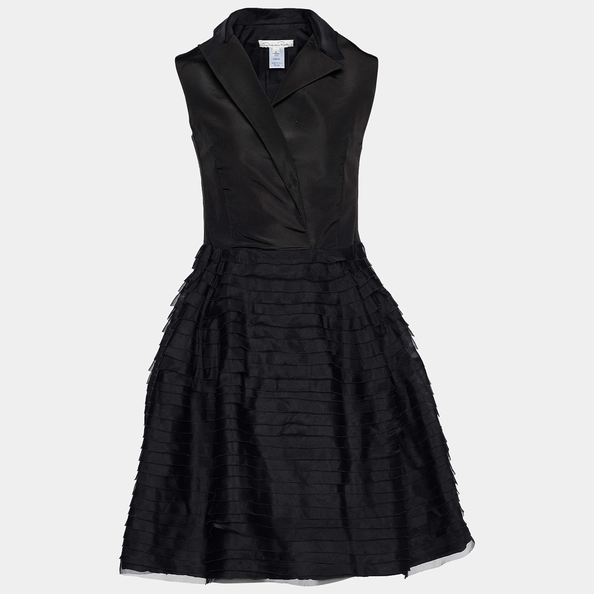 Oscar de la Renta Black Silk Tiered Sleeveless Dress M