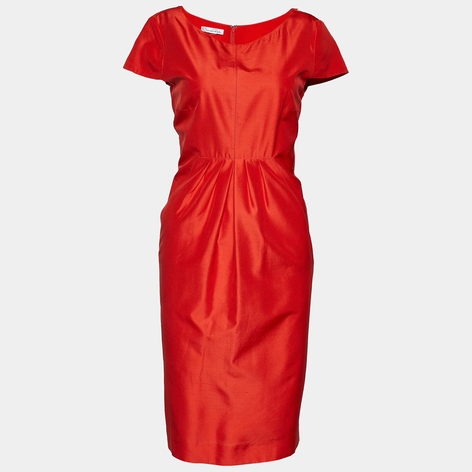 Pre Owned Oscar de la Renta Orange Silk Pleated Detail Midi Dress L
