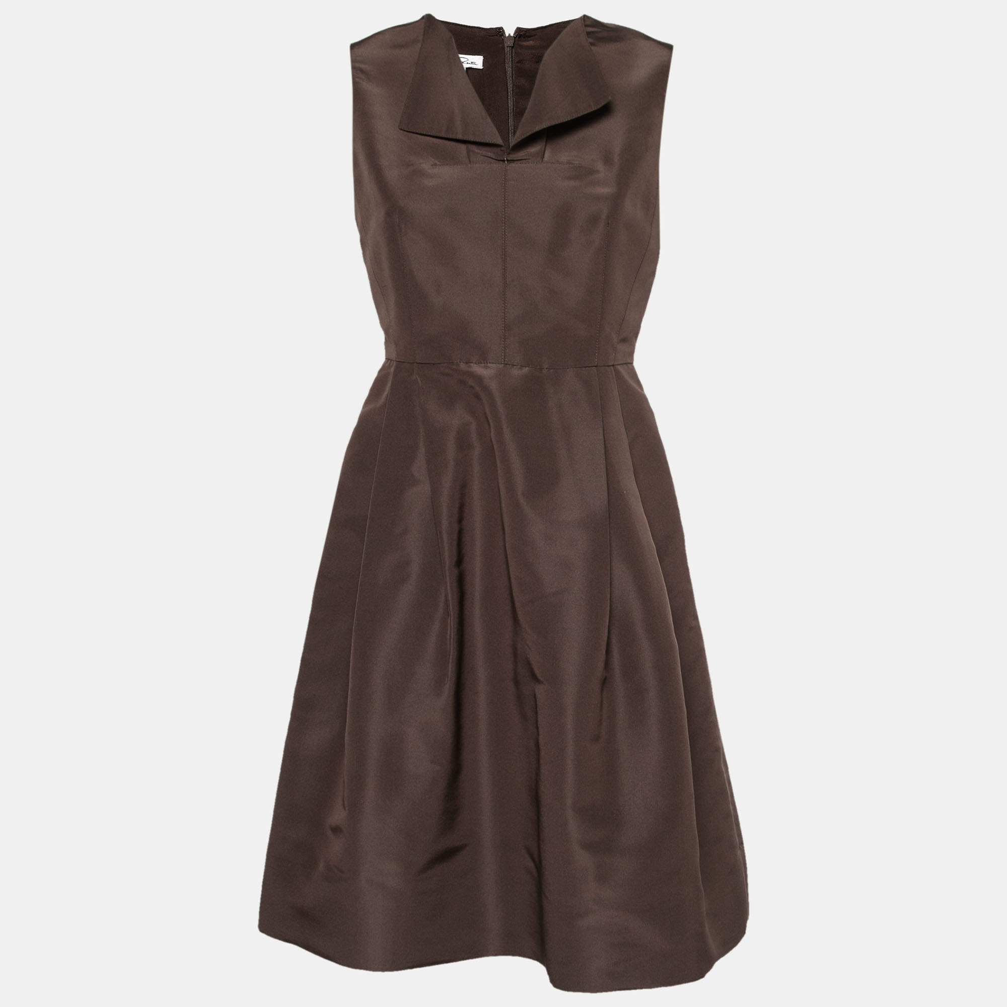 Pre Owned Oscar de la Renta Brown Silk Pleated Midi Dress M