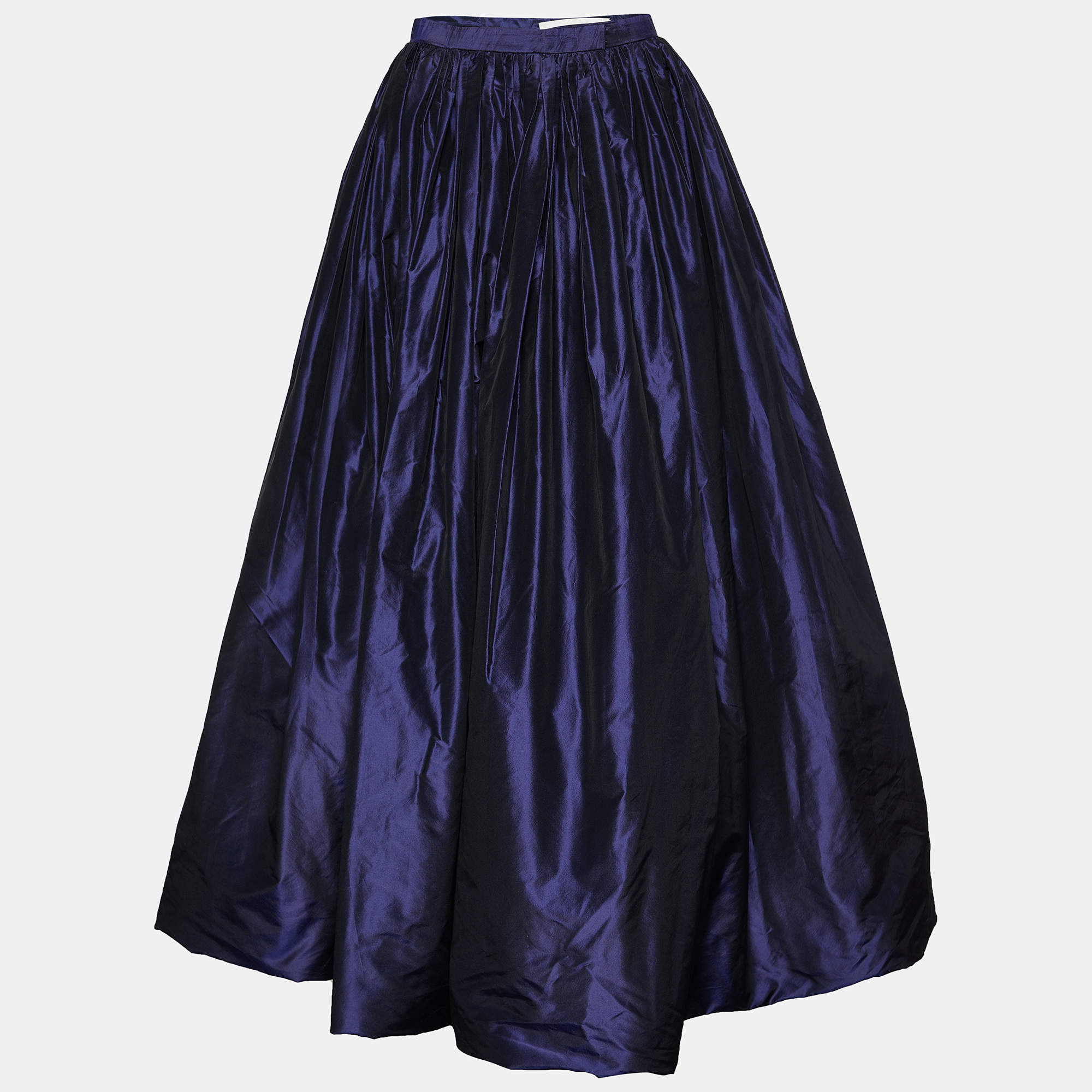 Pre Owned Oscar de la Renta Vintage Navy Blue Silk Gathered Maxi Skirt M