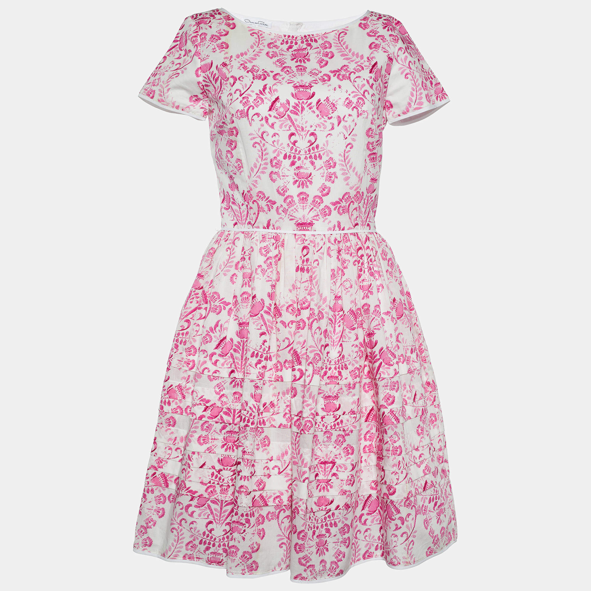 Pre Owned Oscar de la Renta Pink Floral Batik Print Cotton Dress XS