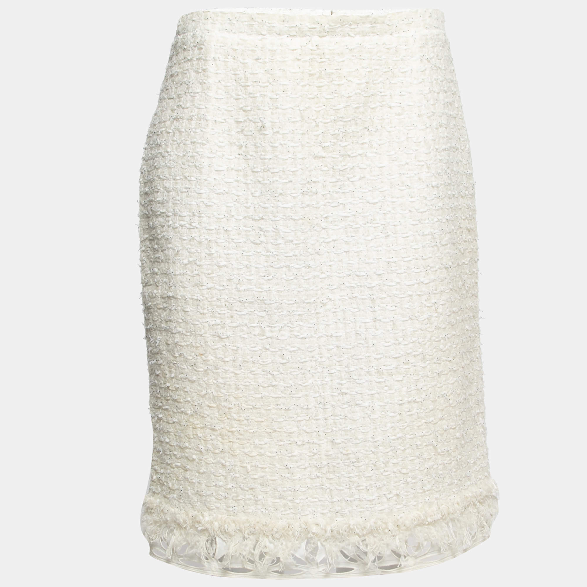 Pre Owned Oscar de la Renta Cream Tweed & Lace Trim Skirt L