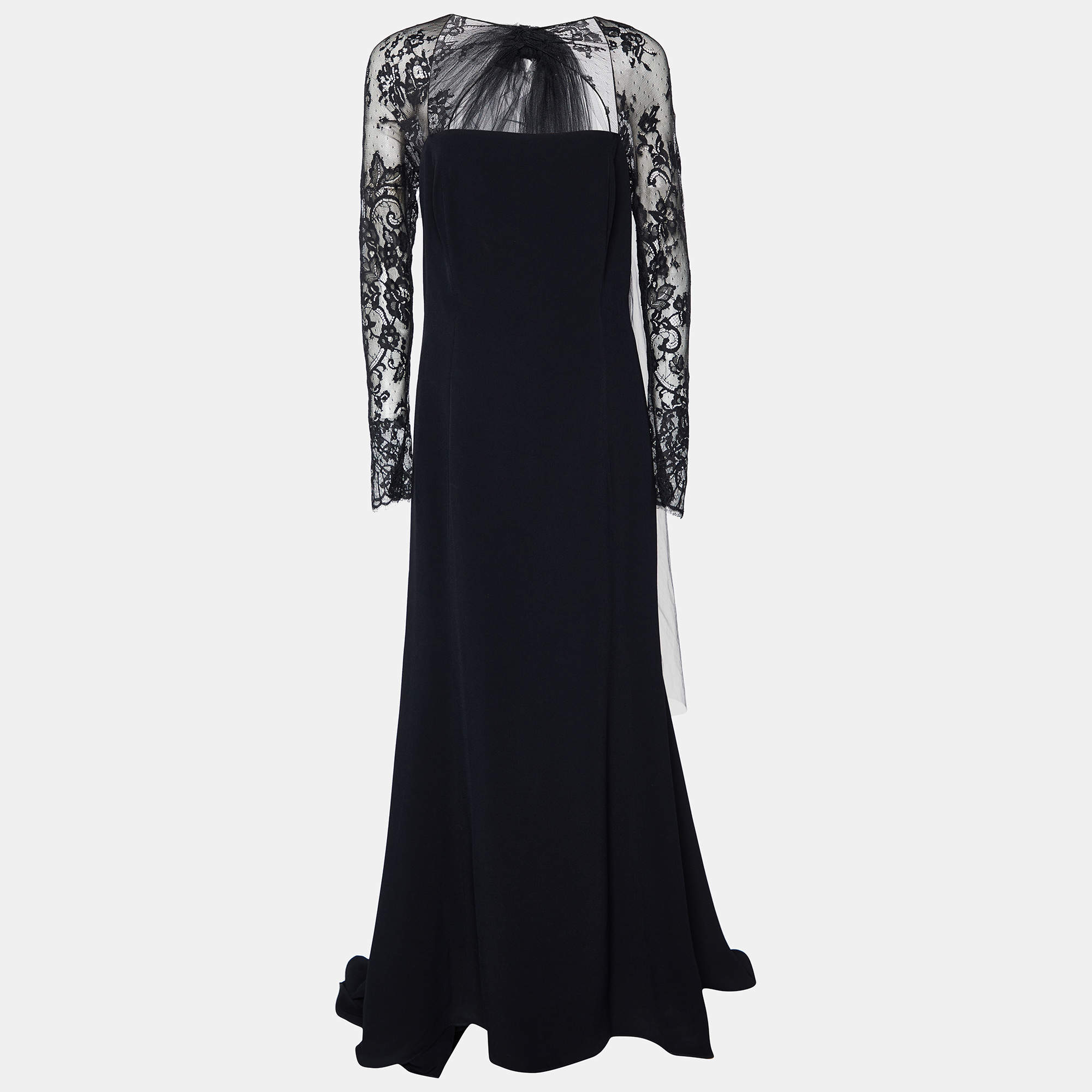 Pre Owned Oscar de la Renta Black Crepe & Lace Bow Back Cady Gown M