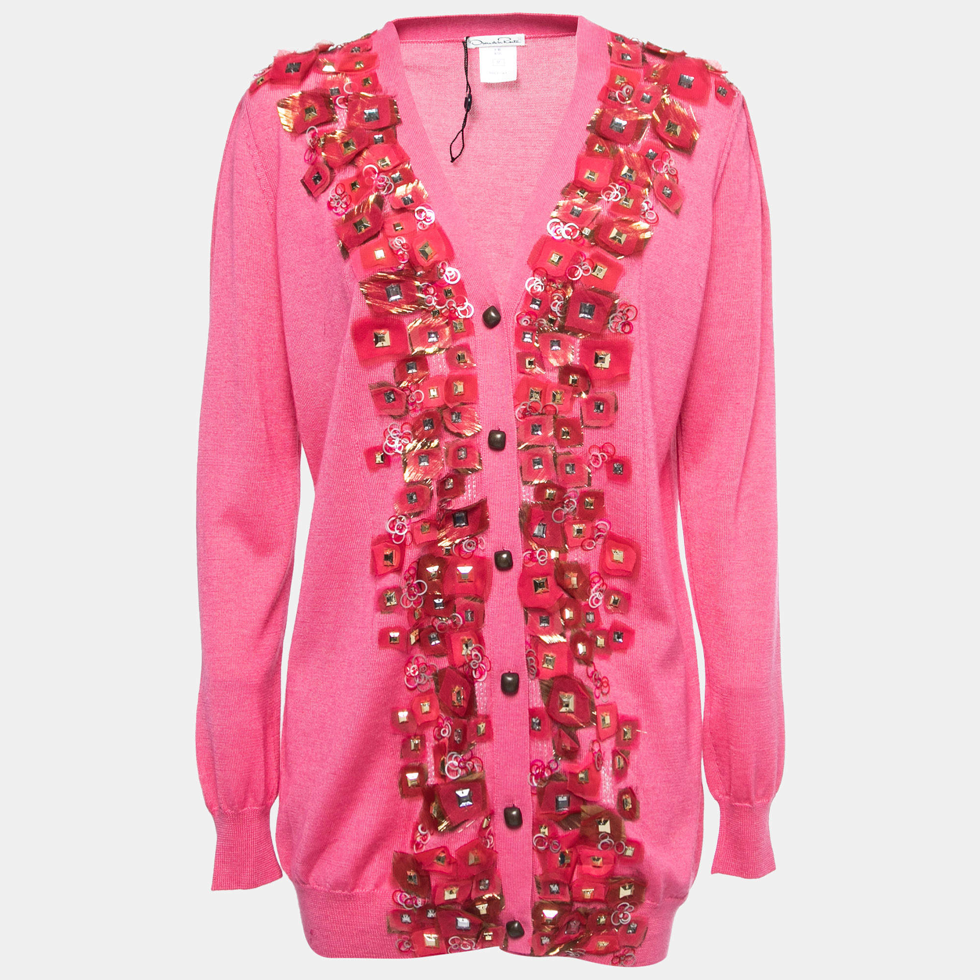 Pre Owned Oscar de la Renta Pink Embellished Cashmere and Silk Knit Button Front Cardigan M