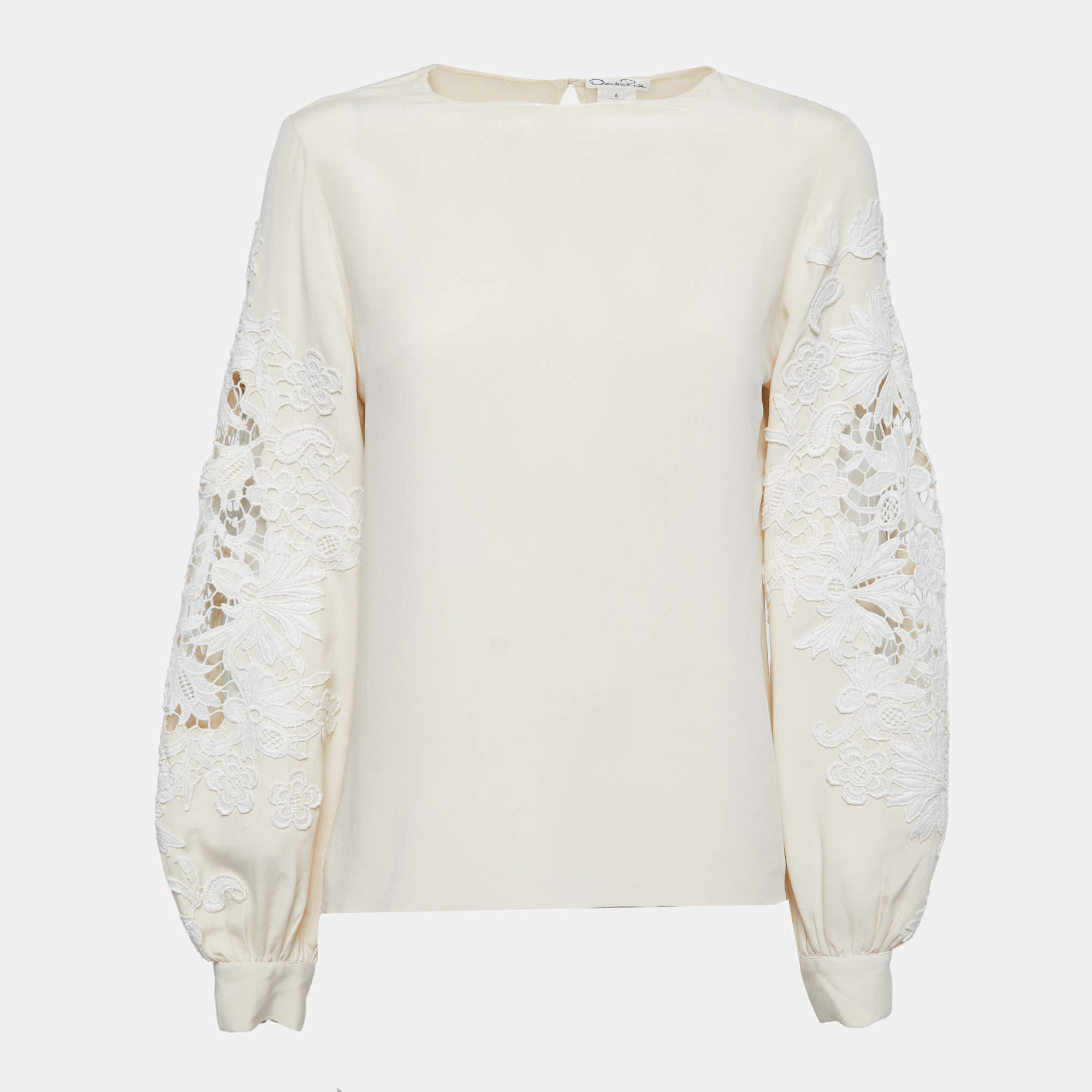 Pre Owned Oscar de la Renta Cream Crepe Lace Trimmed Long Sleeve Blouse M