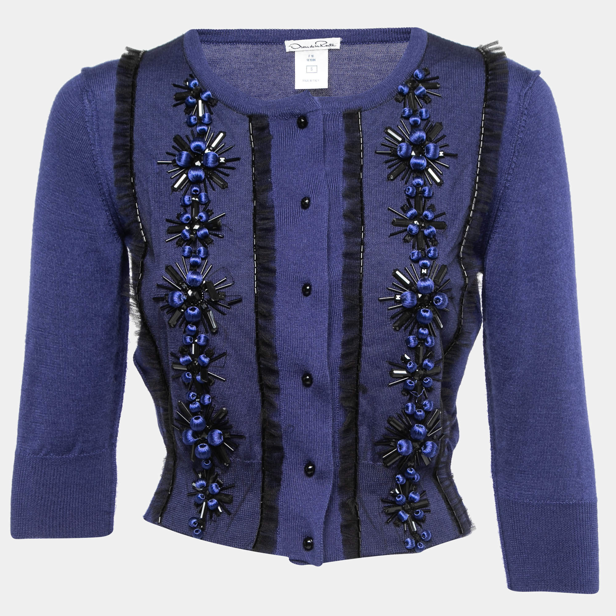 Pre Owned Oscar de la Renta Blue Embellished Knit Button Front Cropped Sweater S