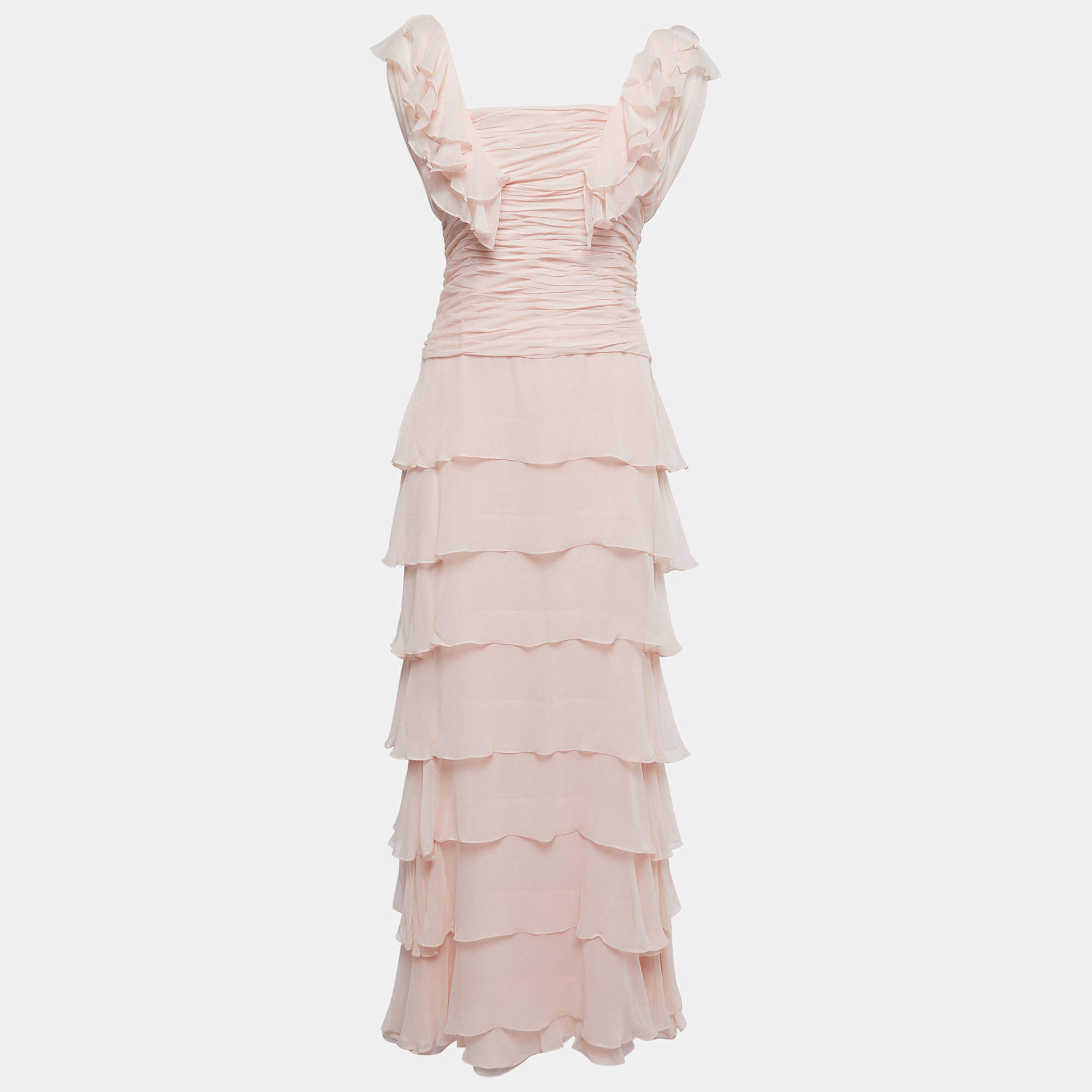 Oscar de la Renta Light Pink Silk Ruched Corset Detail Sleeveless Tiered Gown M