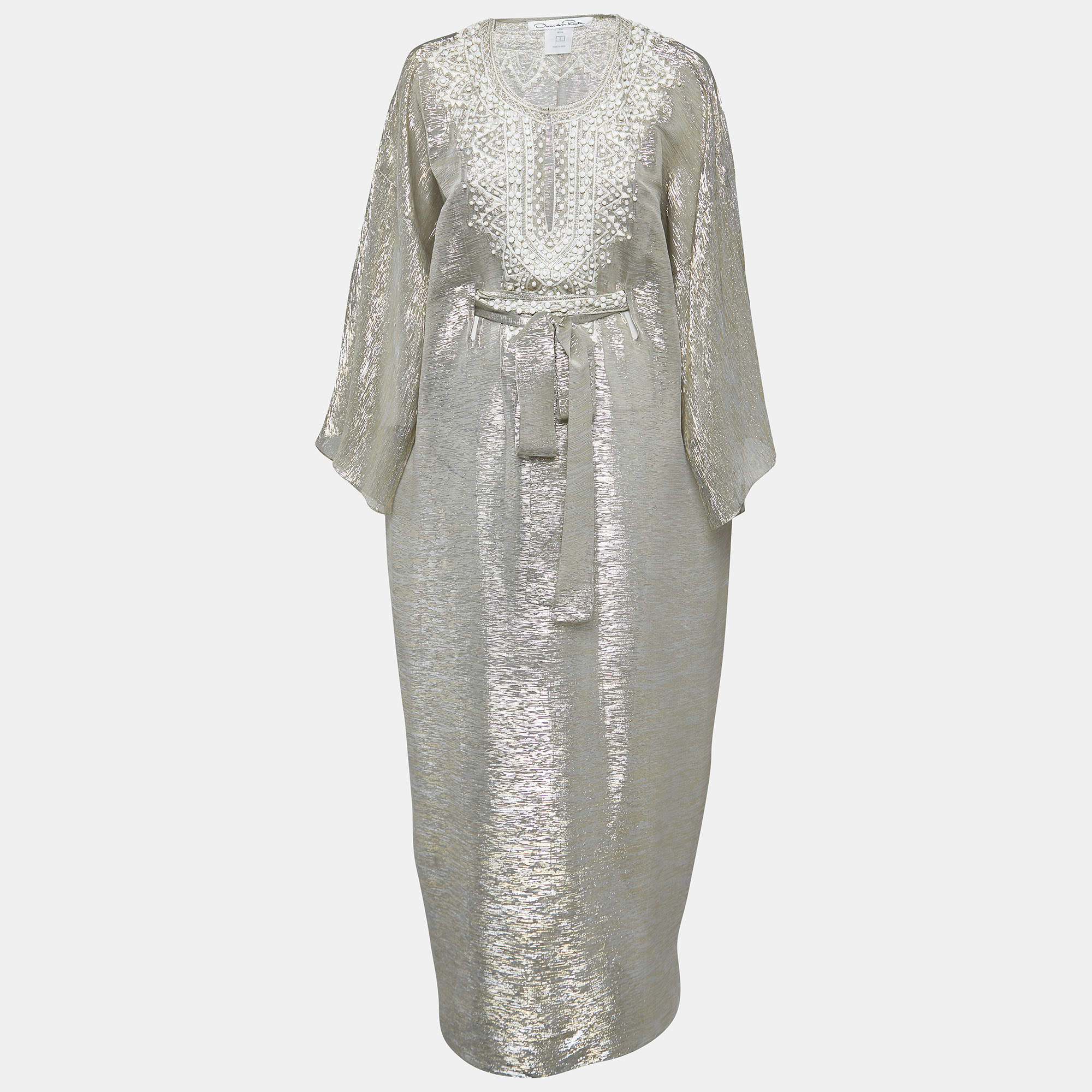 Oscar de la Renta Metallic Silk Beaded Belted Kaftan Maxi Dress S