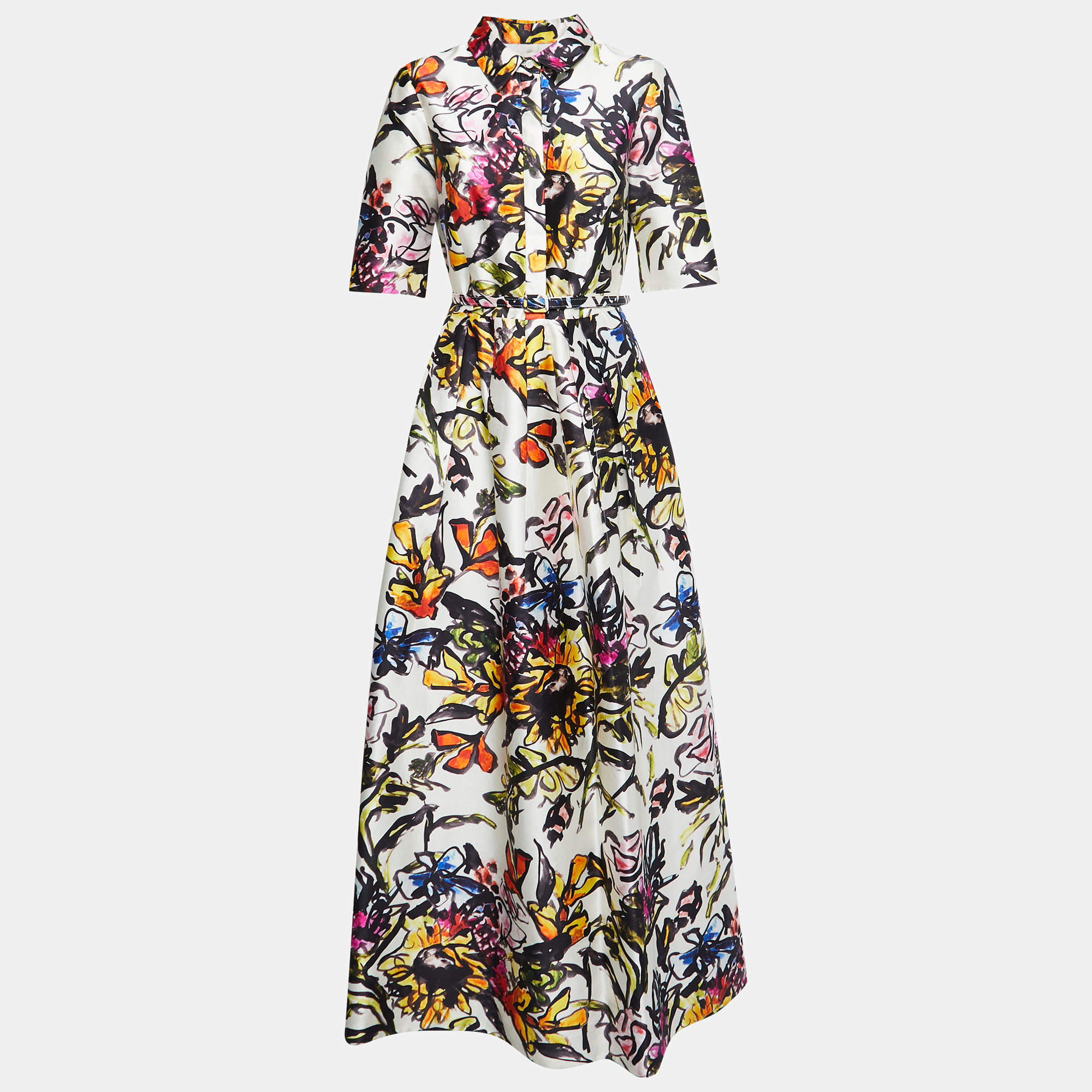 Oscar de la Renta Multicolor Abstract Printed Silk Belted Maxi Dress M