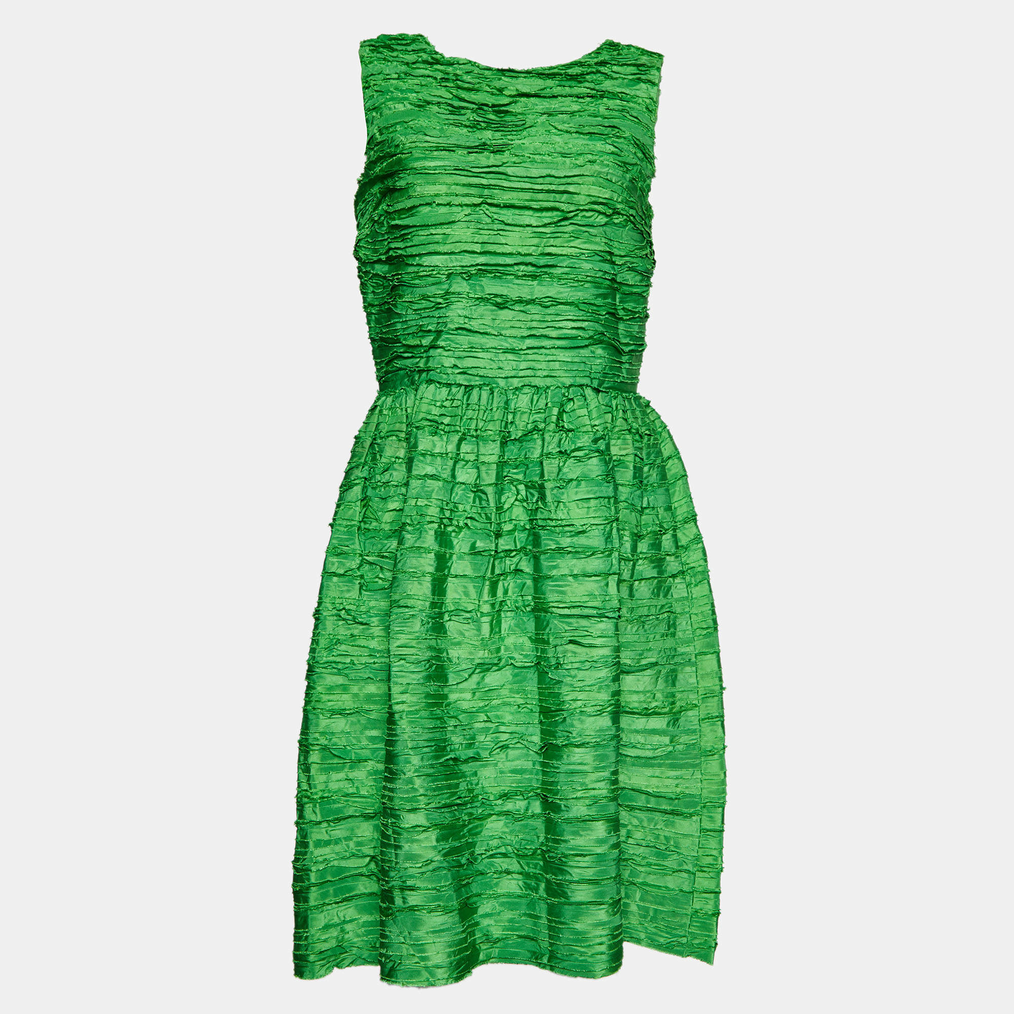 Oscar de la Renta Green Frayed Silk Sleeveless Midi Dress M