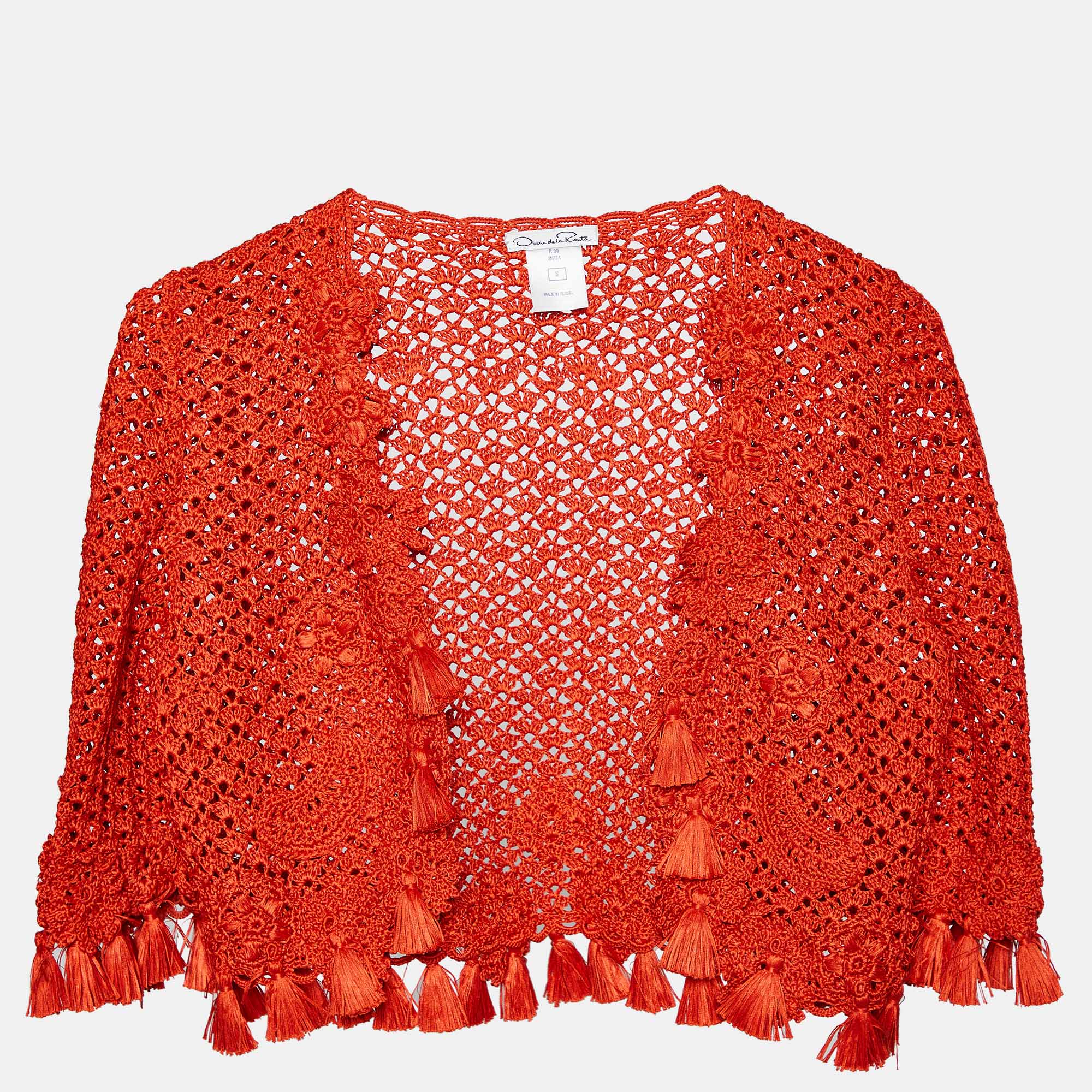 Pre Owned Oscar de la Renta Burnt Orange Crochet Silk Knit Shrug S