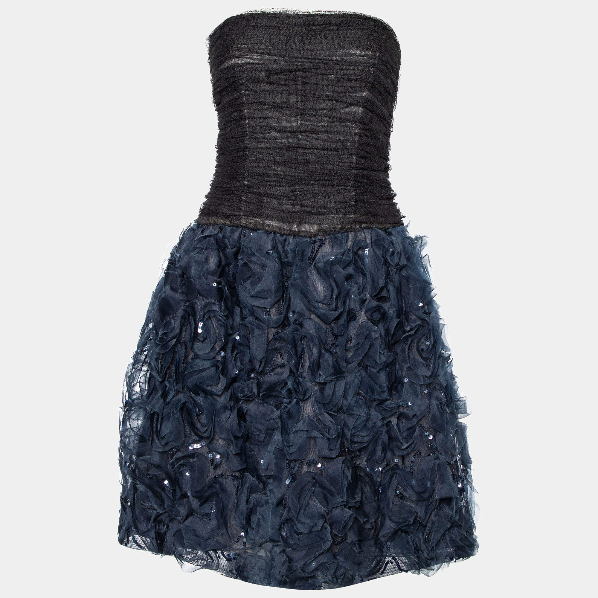 Pre Owned Oscar de la Renta Black Tulle & Floral Silk Sequin Embellished Mini Dress L