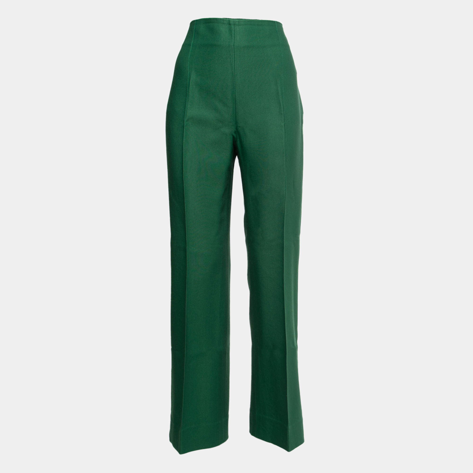 Pre Owned Oscar de la Renta Green Wool High Waist Trousers M