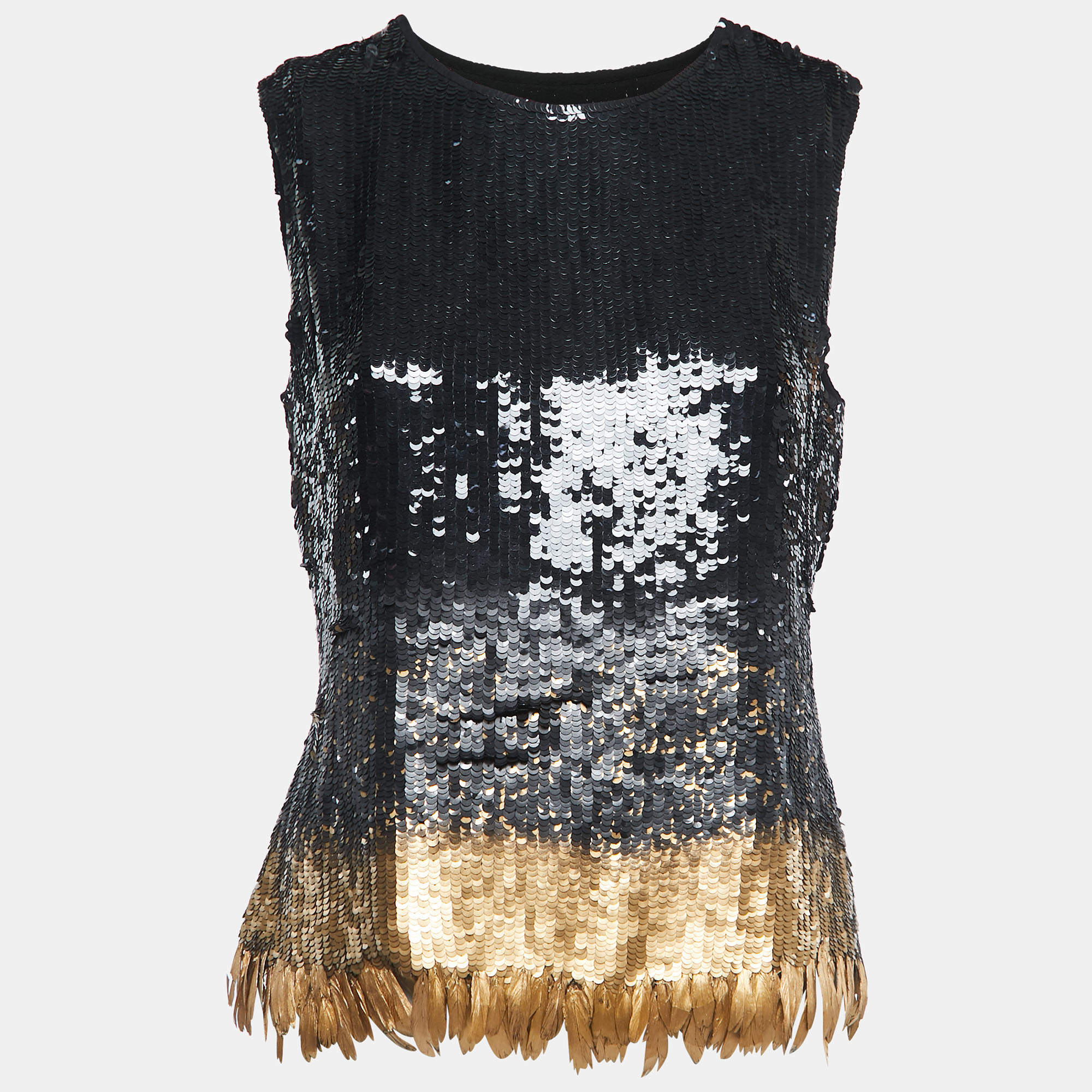 Pre Owned Oscar de la Renta Black/Gold Sequined Feather Embellished Top M