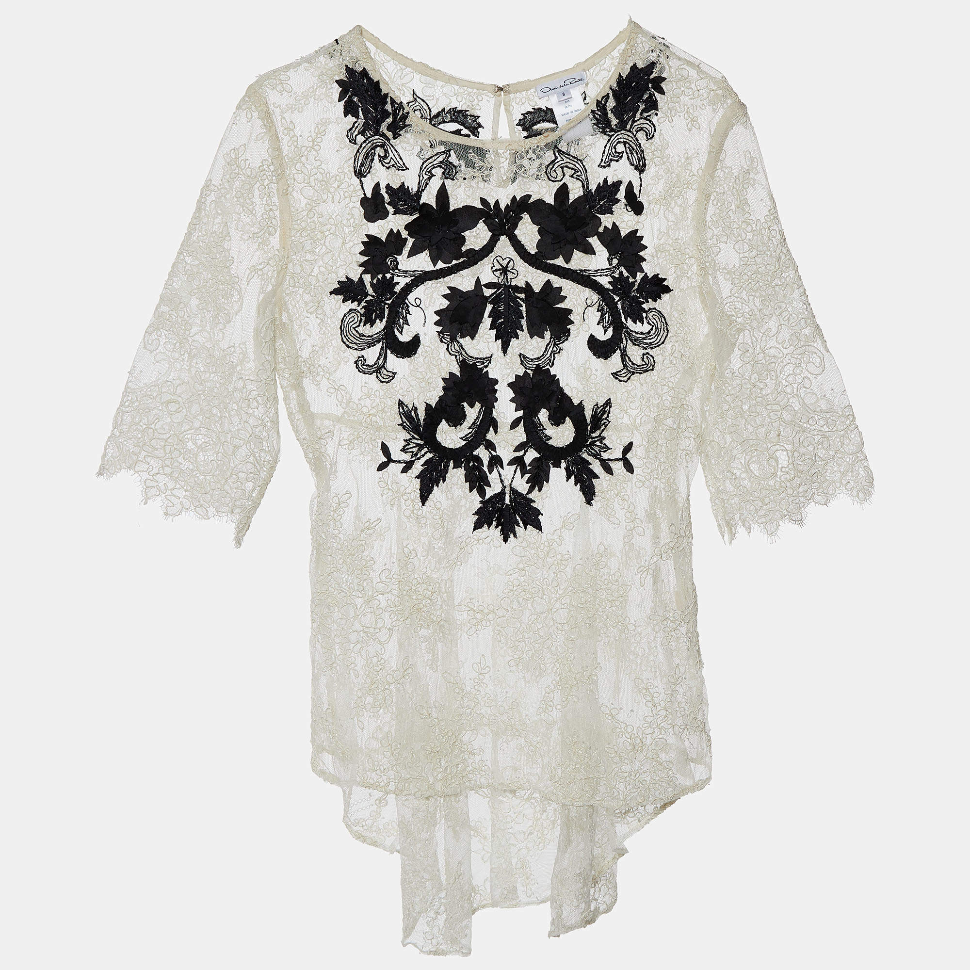Oscar de la Renta White Lace Contrast Embroidery High Low Hem Top M