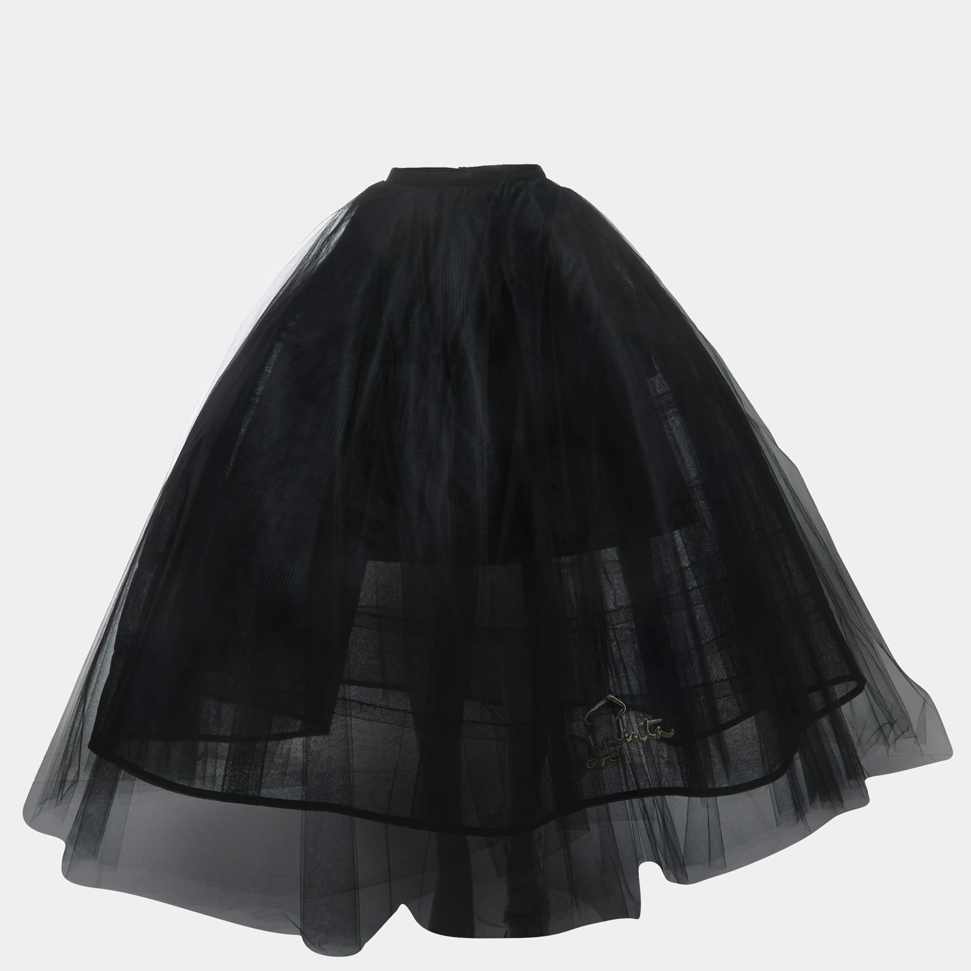 Pre Owned Oscar de la Renta Black Logo Embroidered Tulle Flared Maxi Skirt S