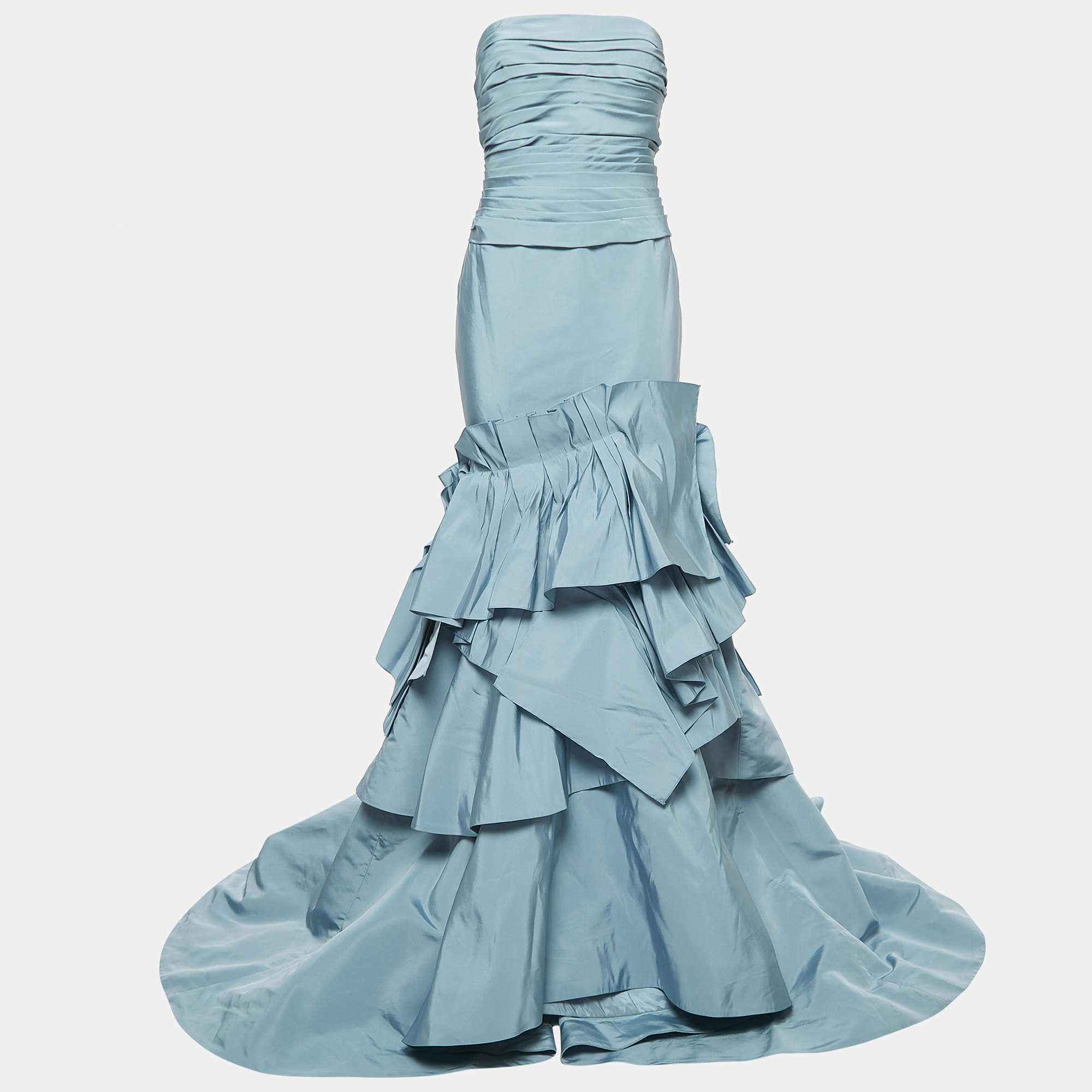 Oscar de la Renta Light Blue Silk Pleated Ruffle Strapless Gown M