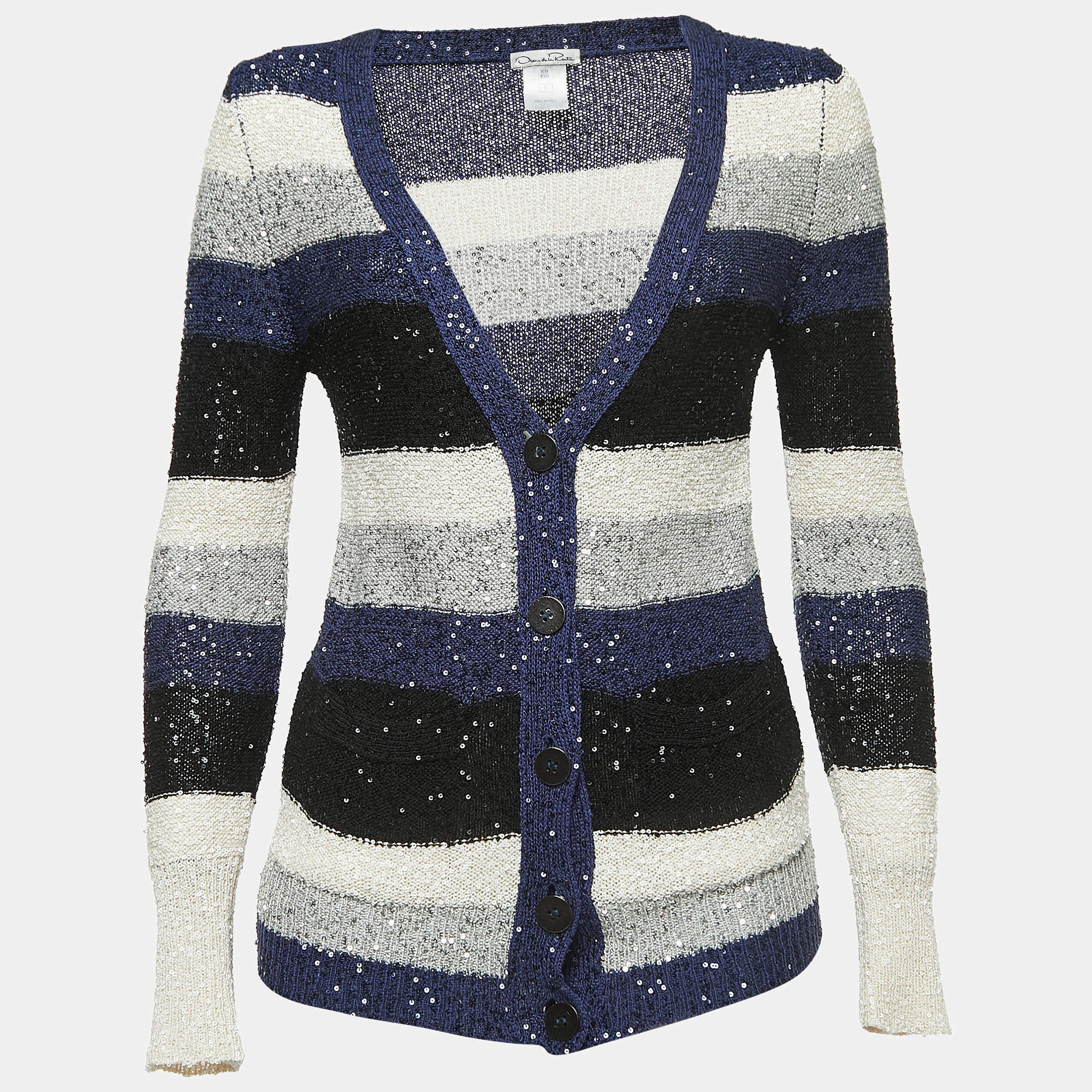 Pre Owned Oscar de la Renta Blue Striped Sequined Knit Buttoned Cardigan S