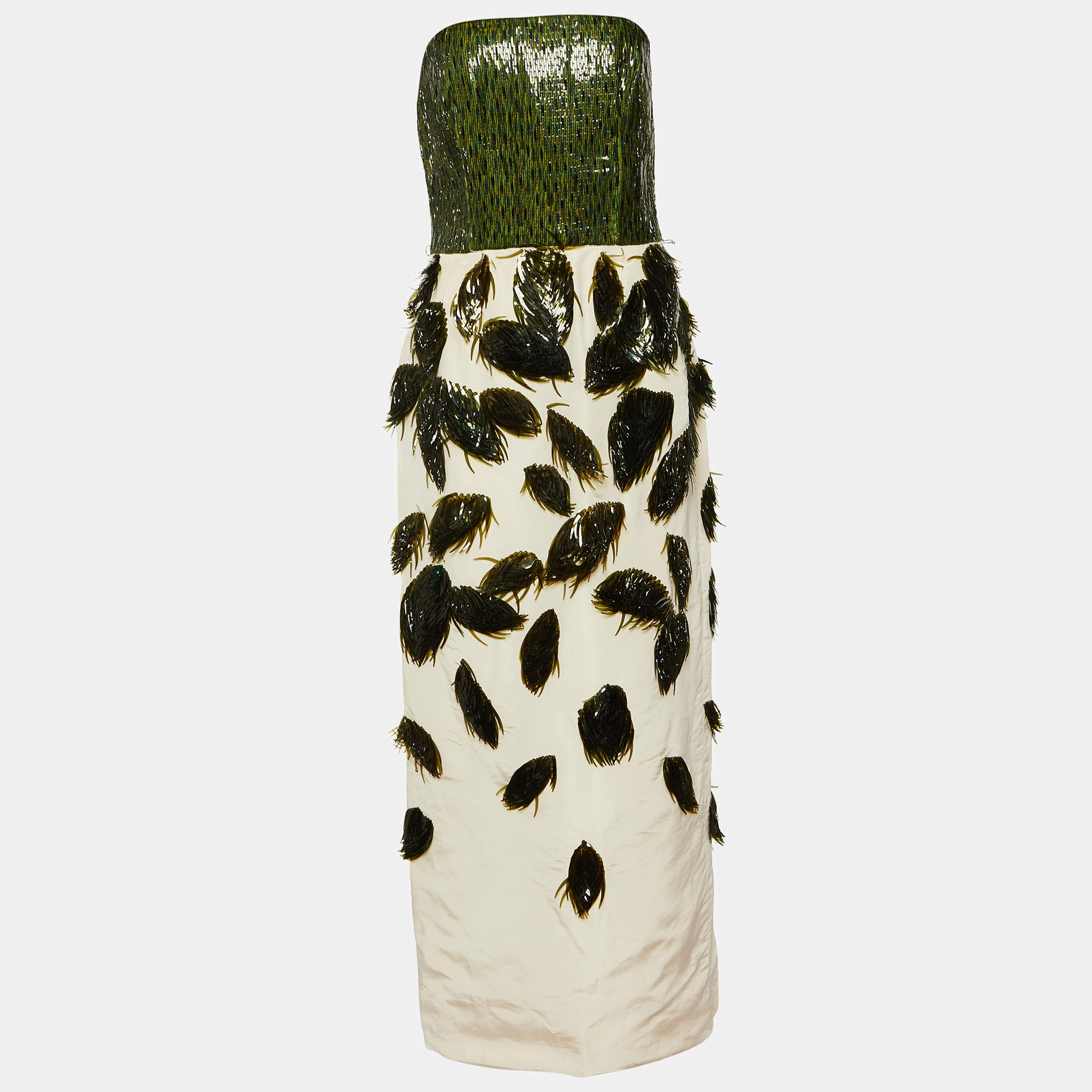 Oscar de la Renta Cream Silk Green Leaf Embellished Strapless Gown M