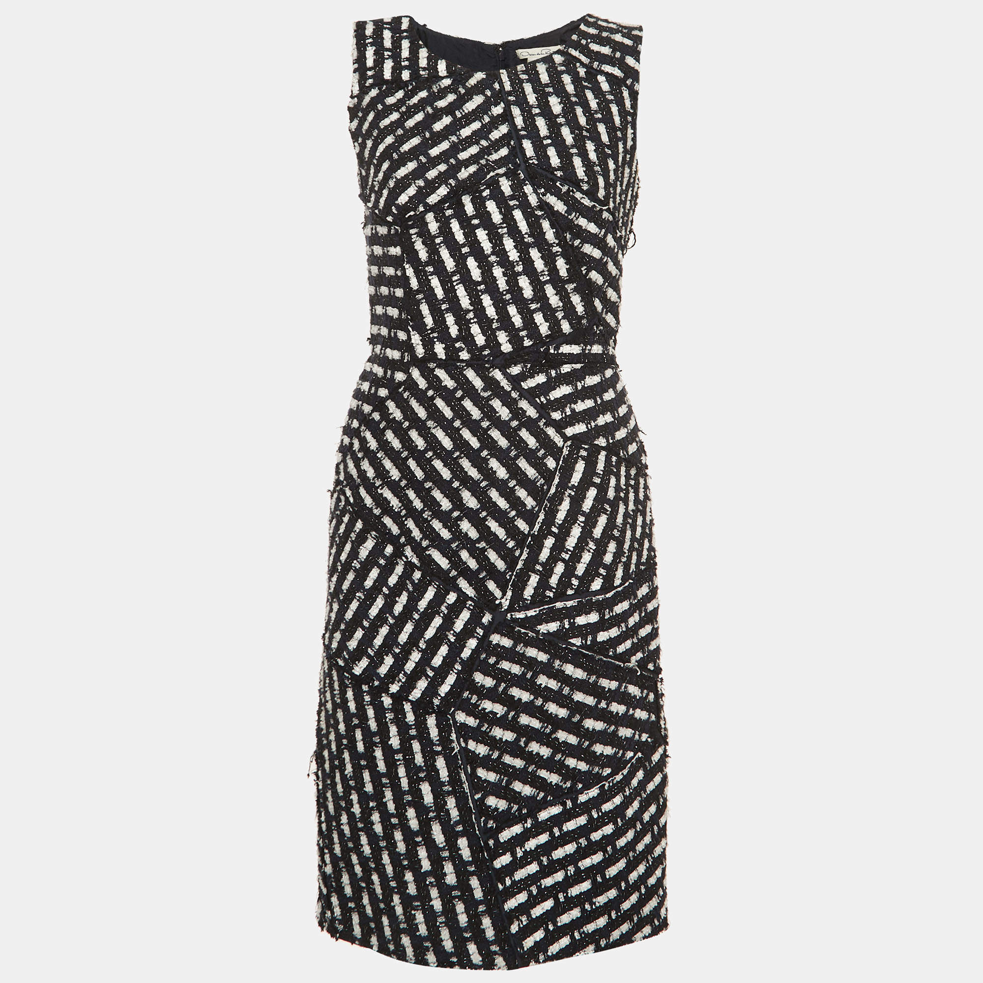 Pre Owned Oscar de la Renta Navy Blue Tweed Sleeveless Short Dress M