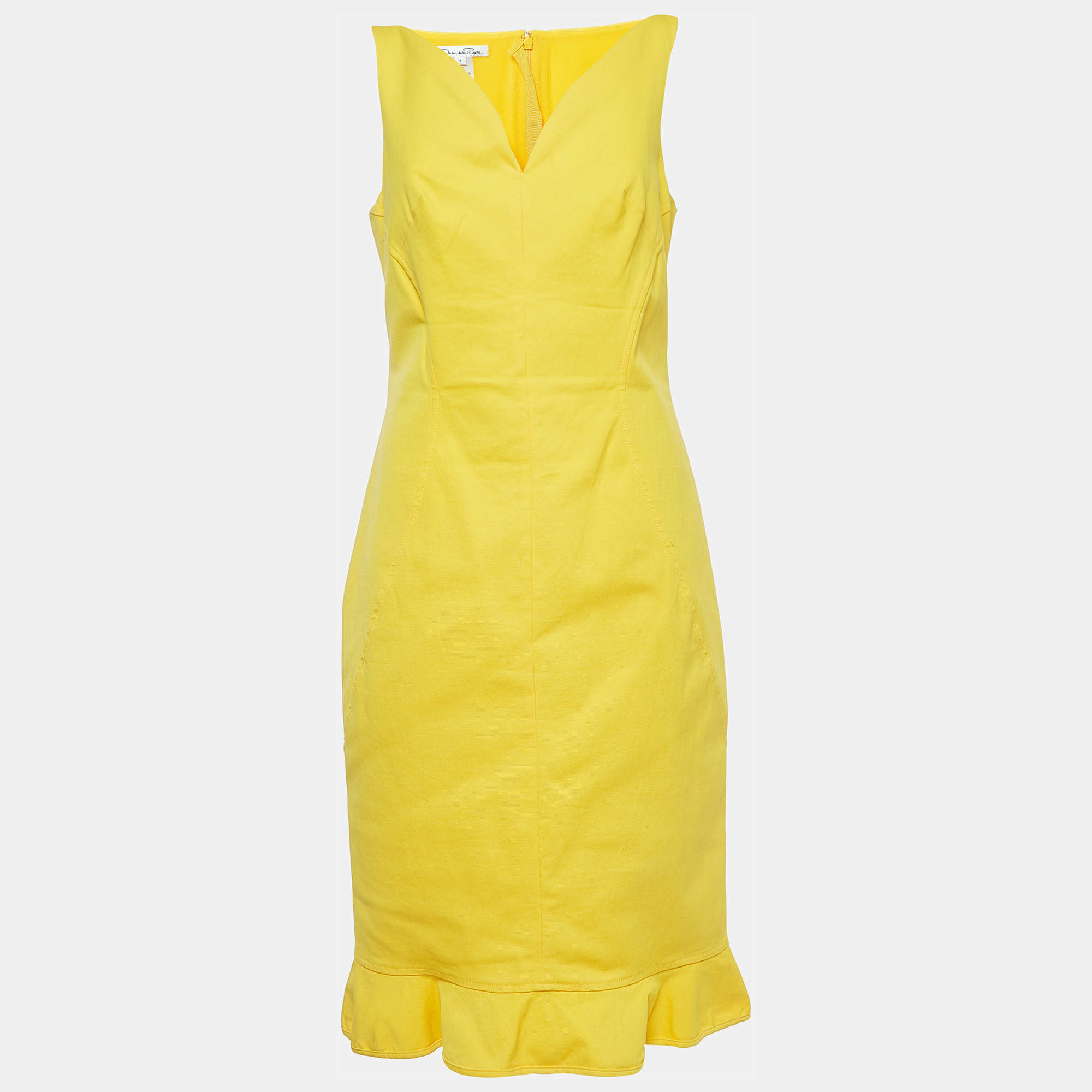 Pre Owned Oscar de la Renta Yellow Cotton Sleeveless Midi Dress M