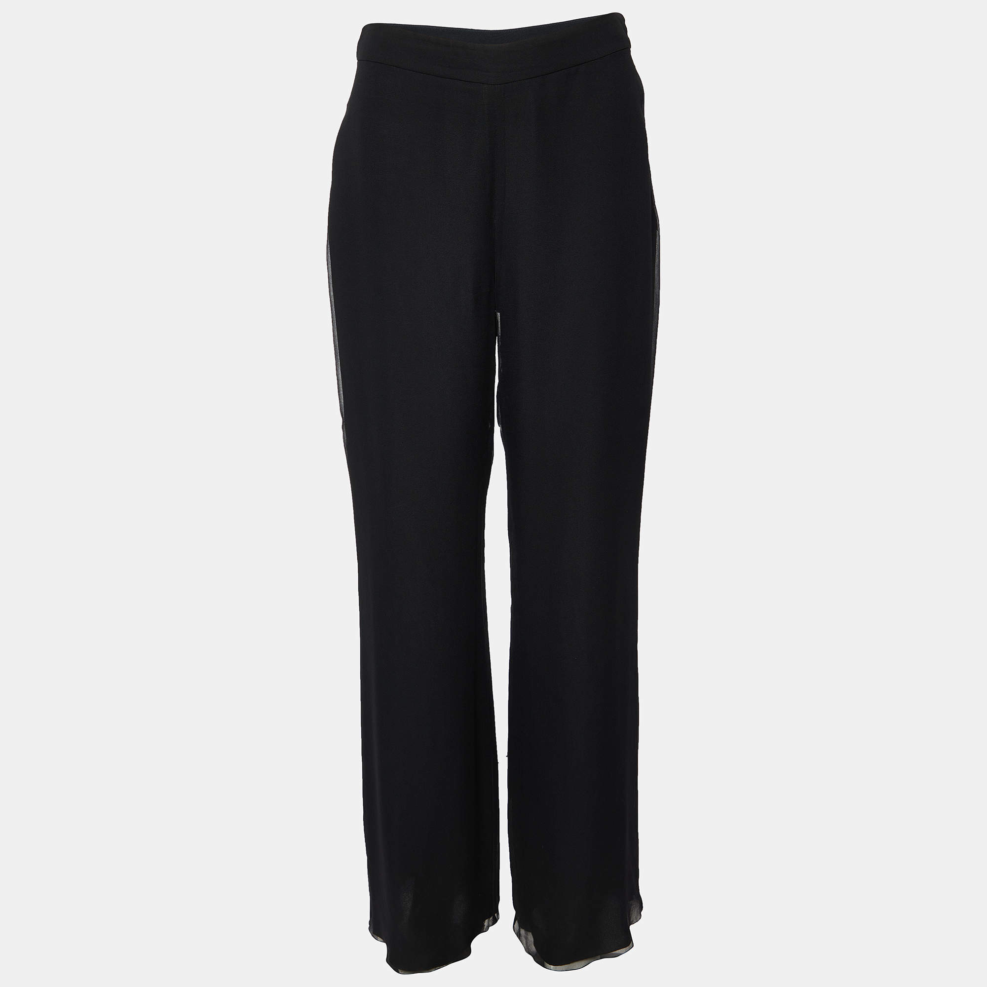 Pre Owned Oscar de la Renta Black Silk Chiffon Wide Leg Trousers S