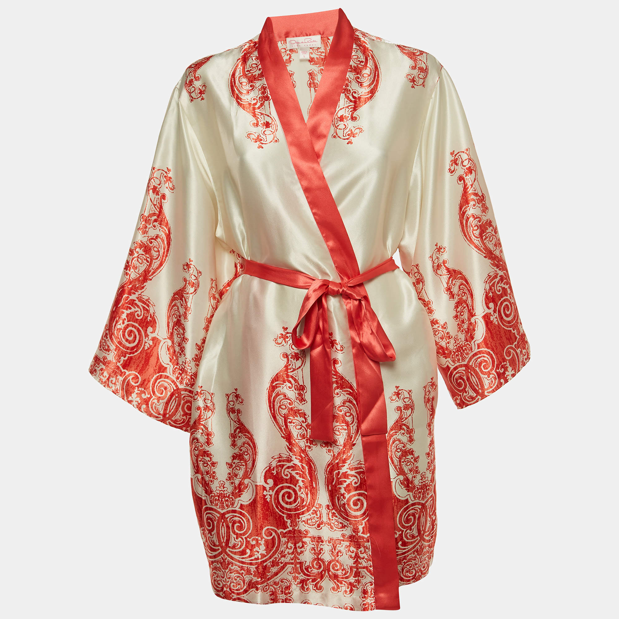 Pre Owned Oscar de la Renta Pink Label Cream/Orange Print Satin Belted Coat L
