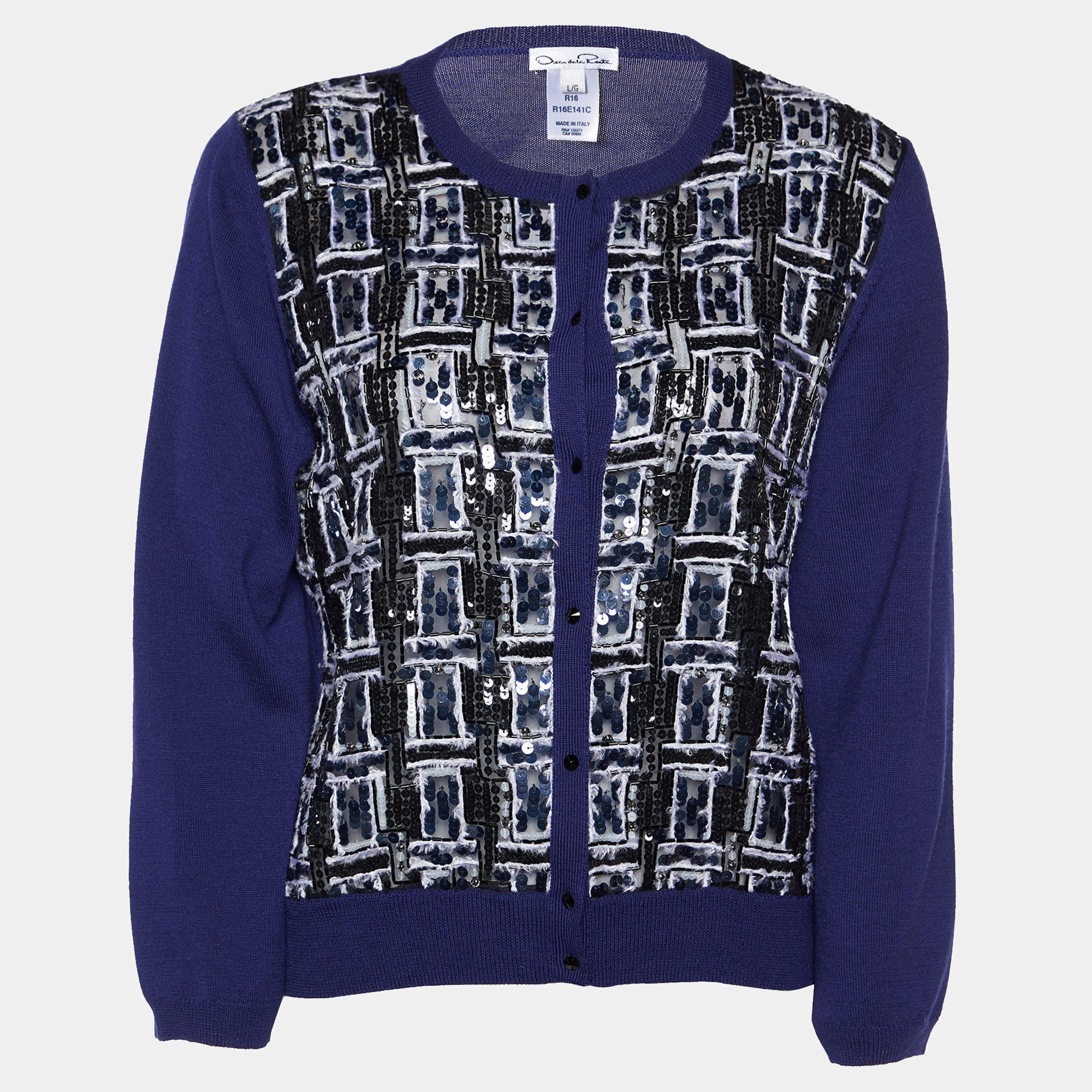 Pre Owned Oscar de la Renta Blue Wool Sequin Embellished Cardigan L
