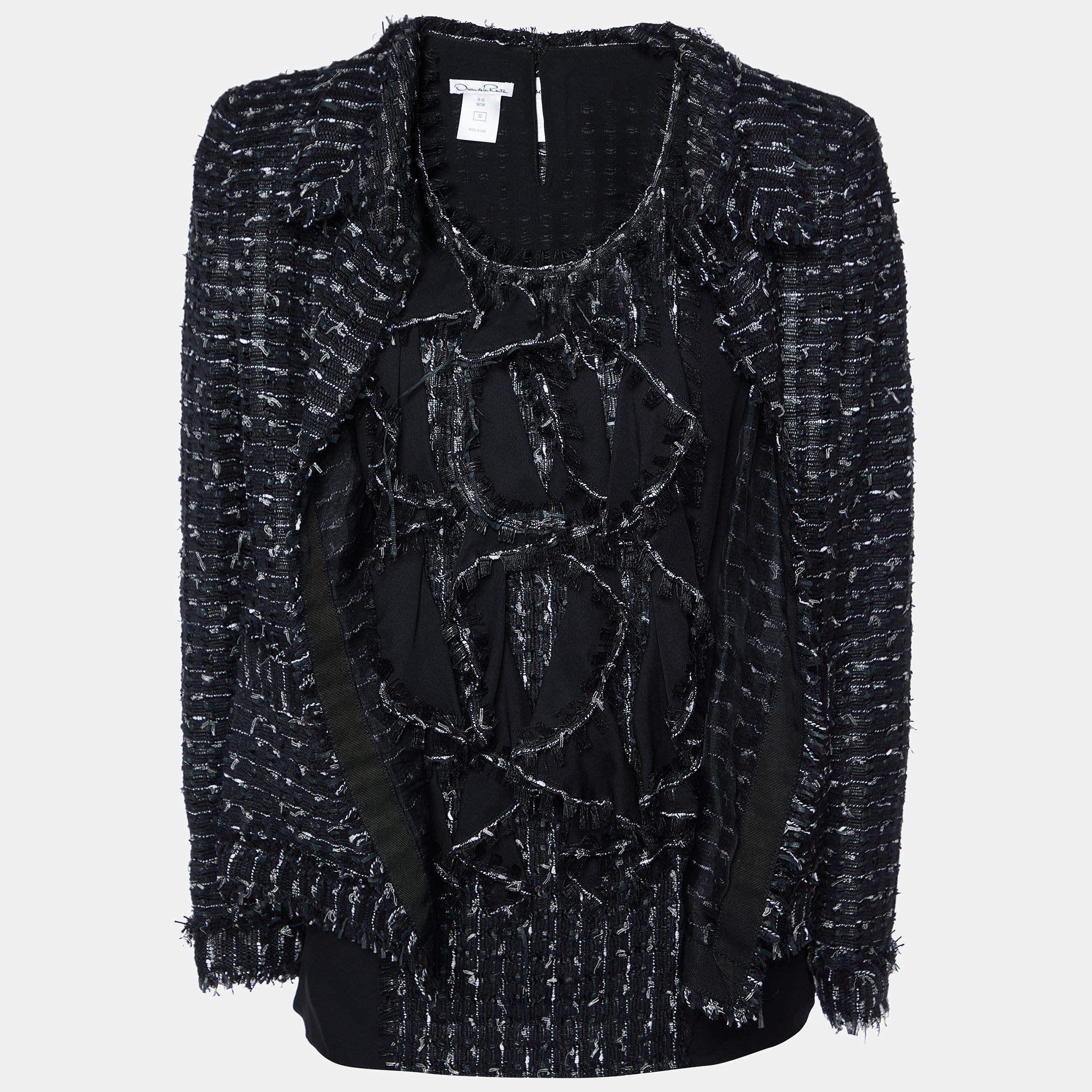 Pre Owned Oscar de la Renta Black Tweed Ruffled Blouse & Jacket Set L