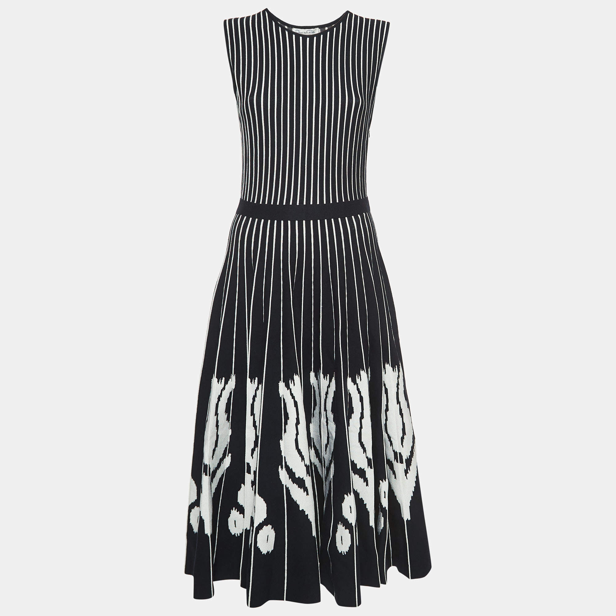 Pre Owned Oscar de la Renta Navy Blue/White Stripe Wool Blend Sleeveless Midi Dress M