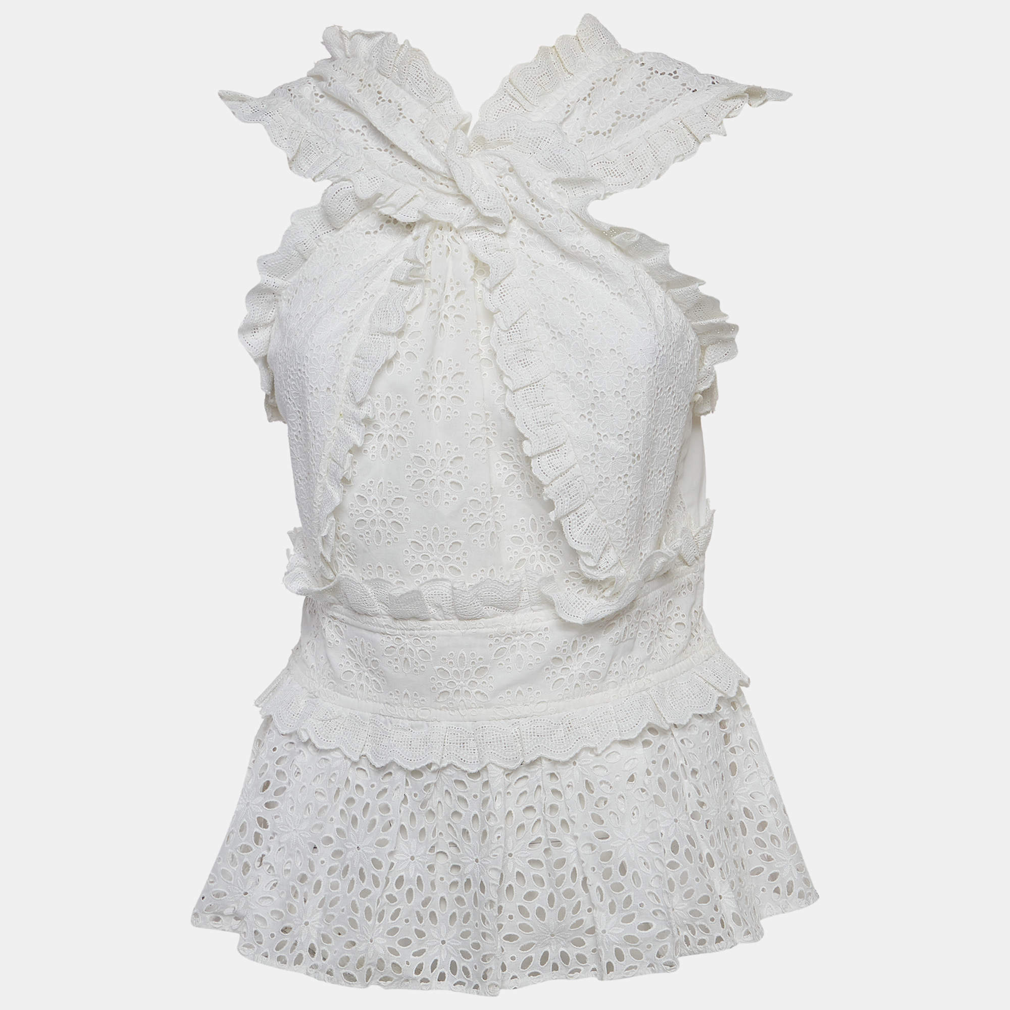 Pre Owned Oscar de la Renta White Cotton Lace Ruffle Detail Peplum Top L