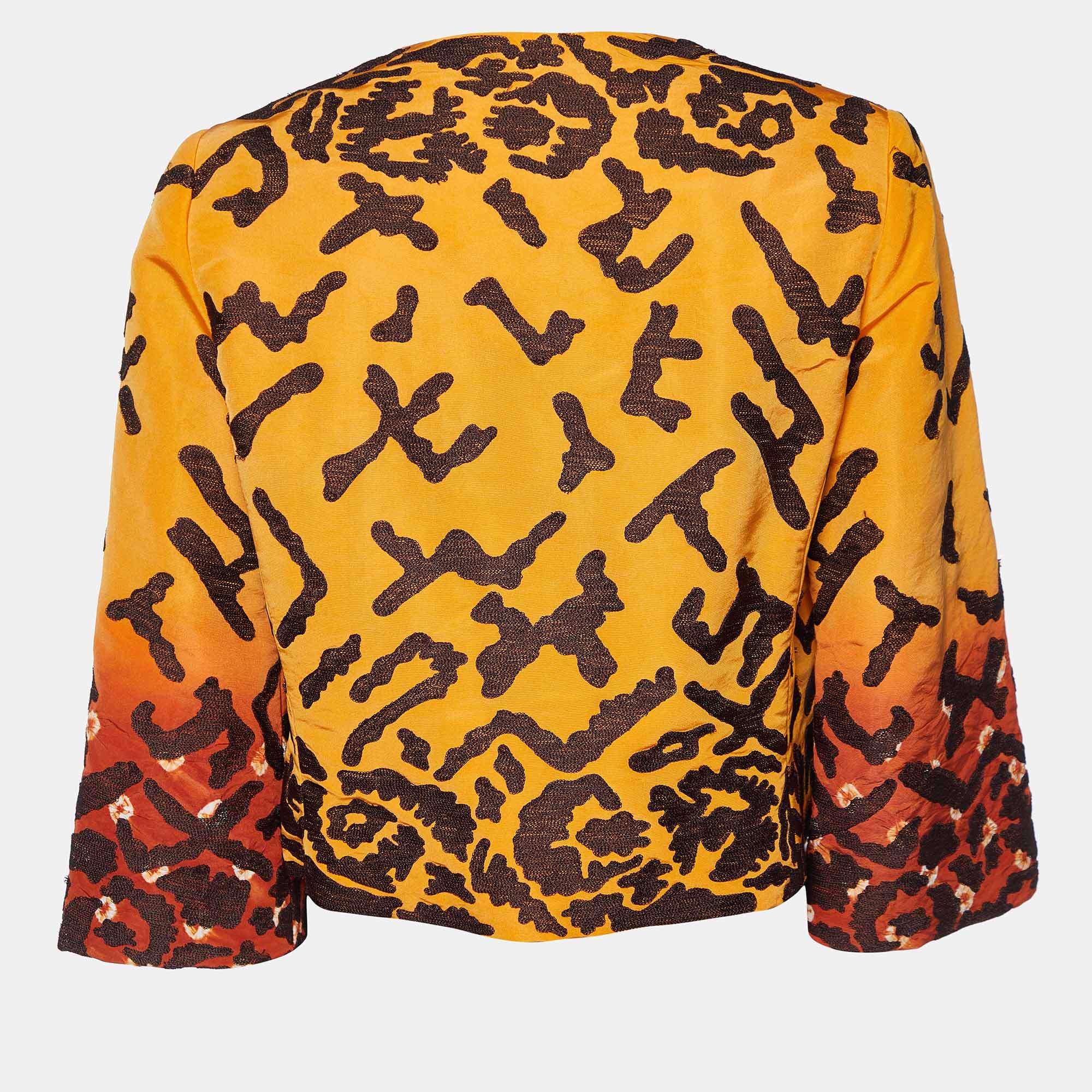 Pre Owned Oscar de la Renta Orange Tie-Dye Silk Embroidered Open Front Jacket M