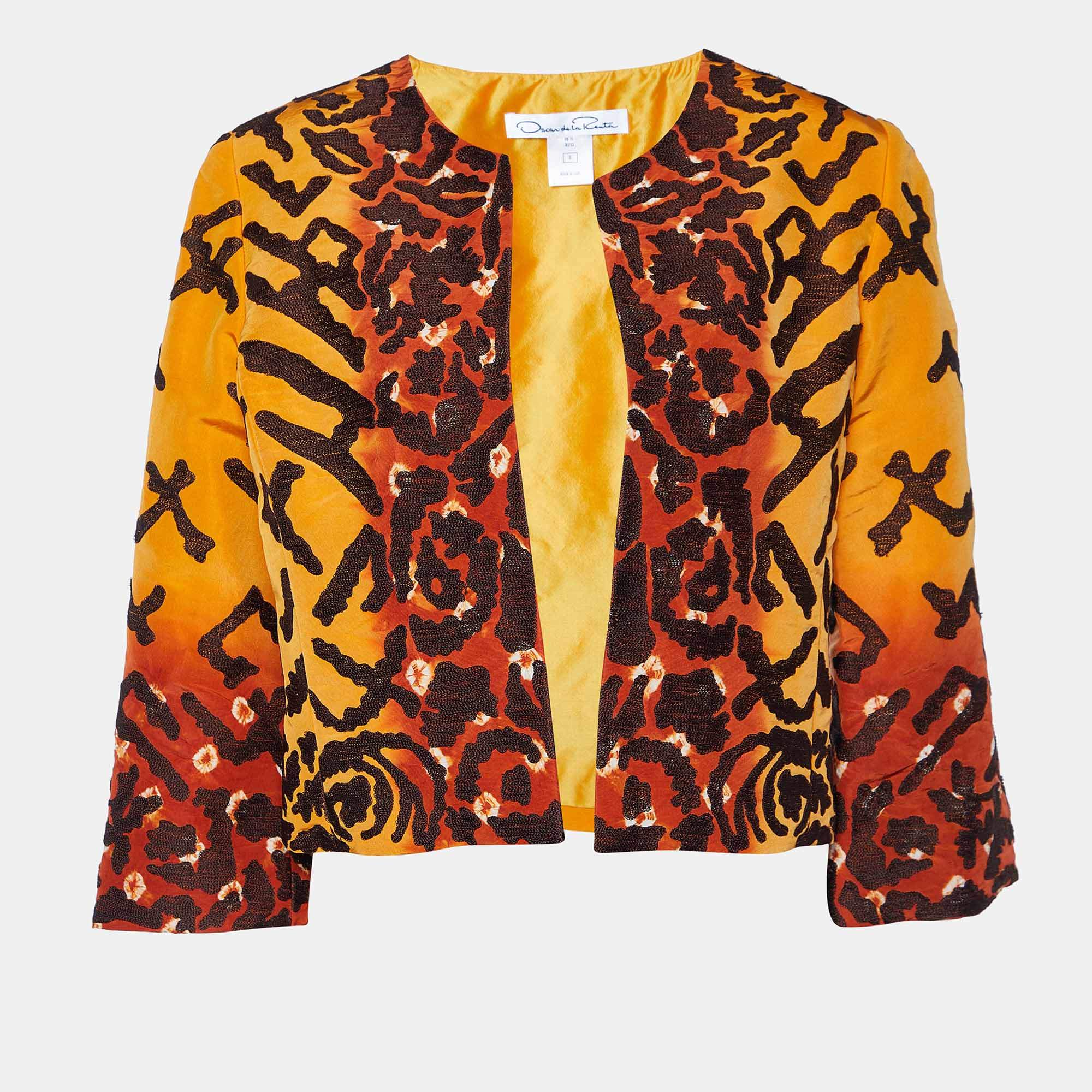 Oscar de la Renta Orange Tie-Dye Silk Embroidered Open Front Jacket M