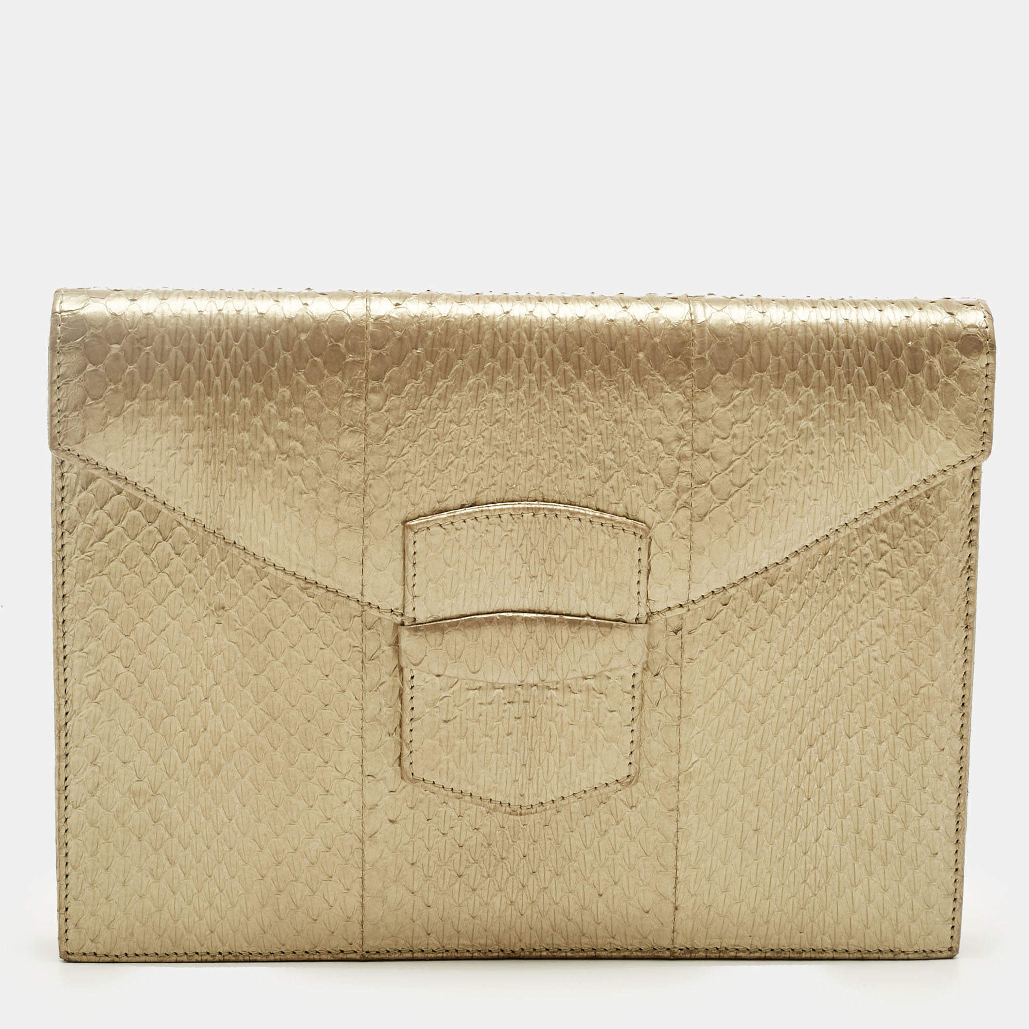 Pre Owned Oscar De La Renta Gold Watersnake Leather Small Grafton Clutch
