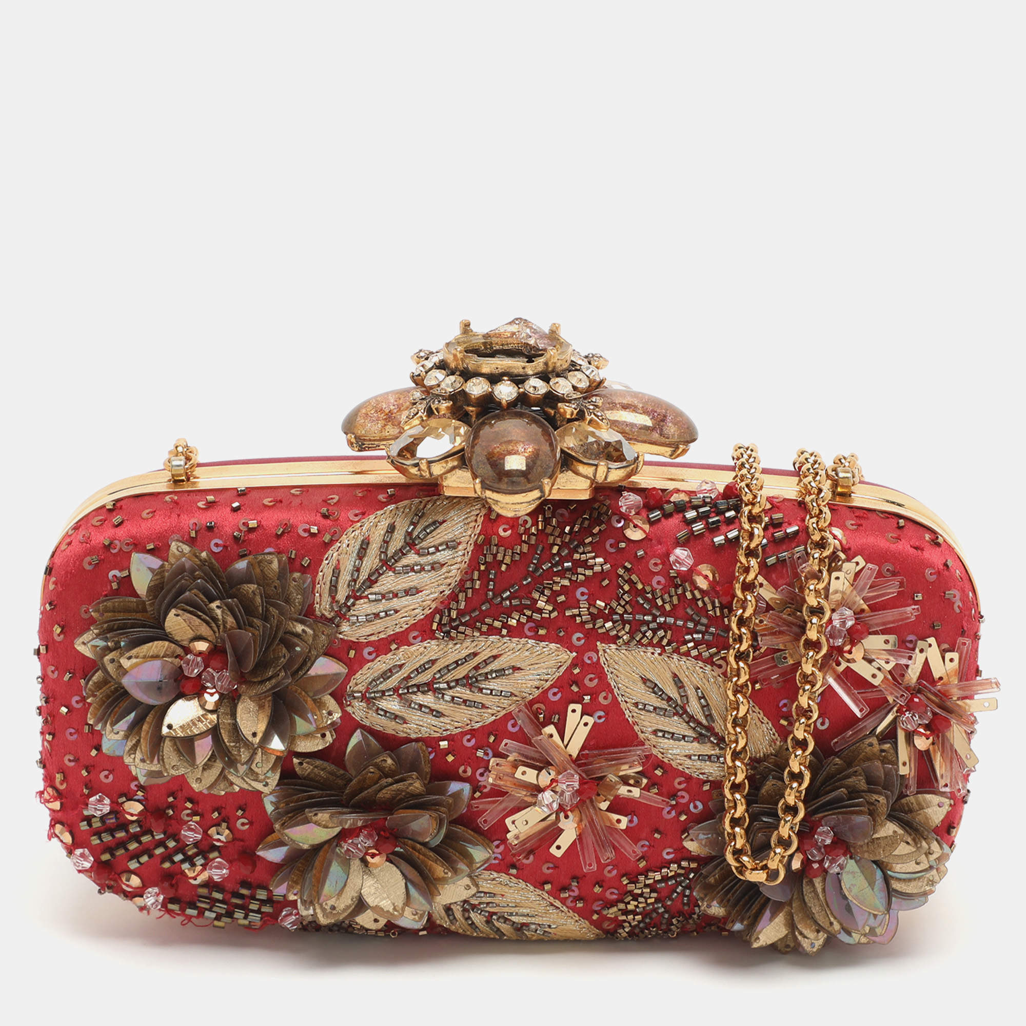 Pre Owned Oscar de la Renta Metal Frame Embellished Red Satin Clutch