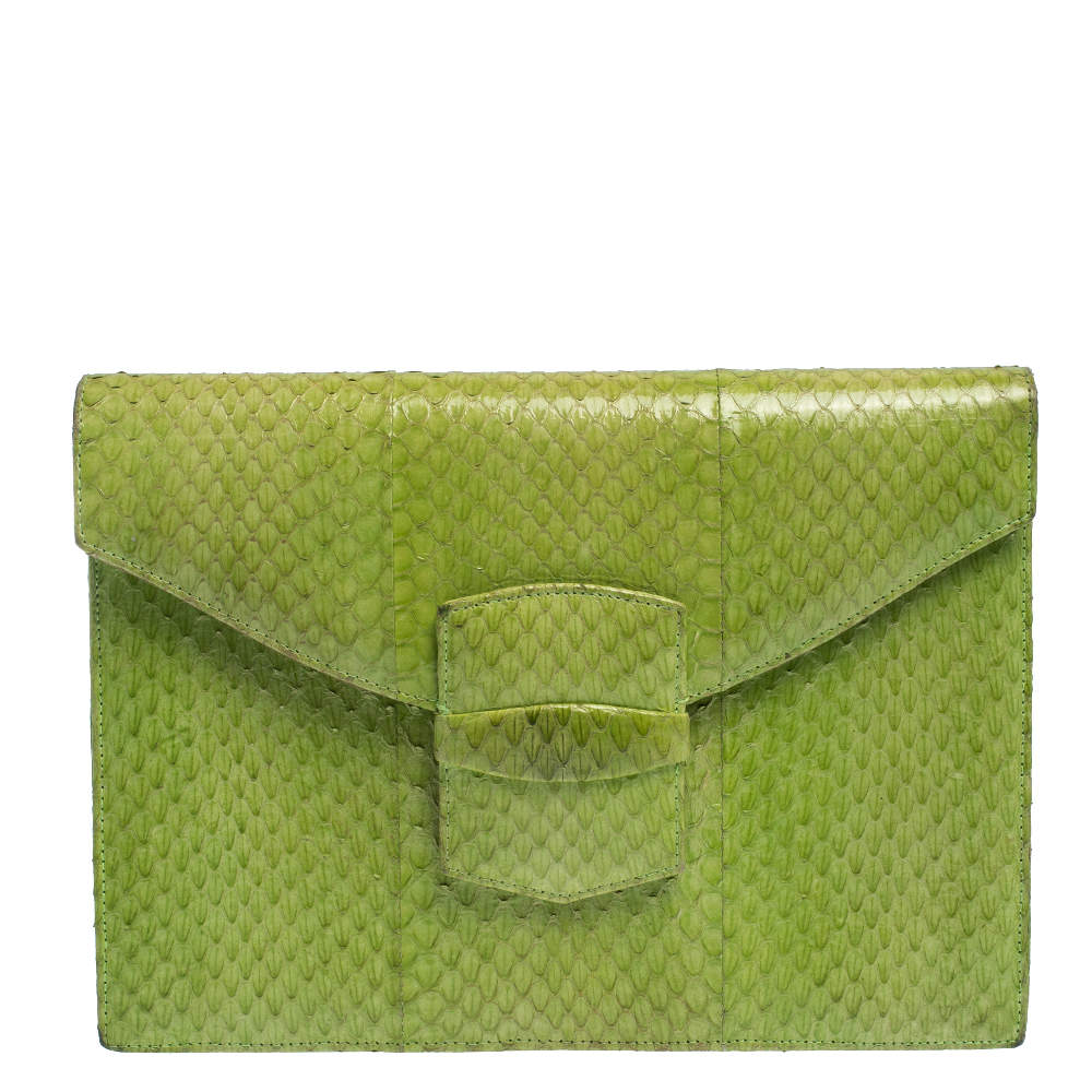 Pre Owned Oscar De La Renta Lime Green Python Clutch