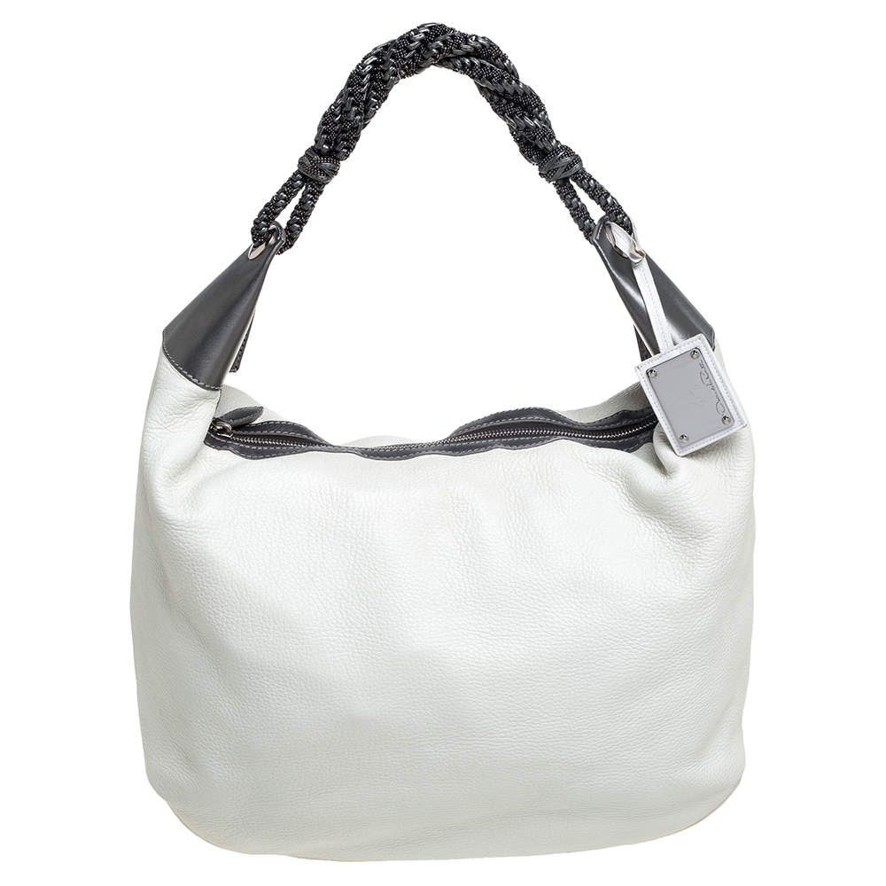 Pre Owned Oscar de la Renta Off White Leather Zipped Hobo