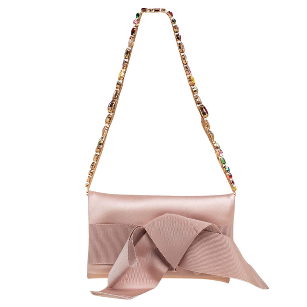 Pre Owned Oscar de la Renta Beige Satin Bow Flap Crystal Embellished Strap Clutch 