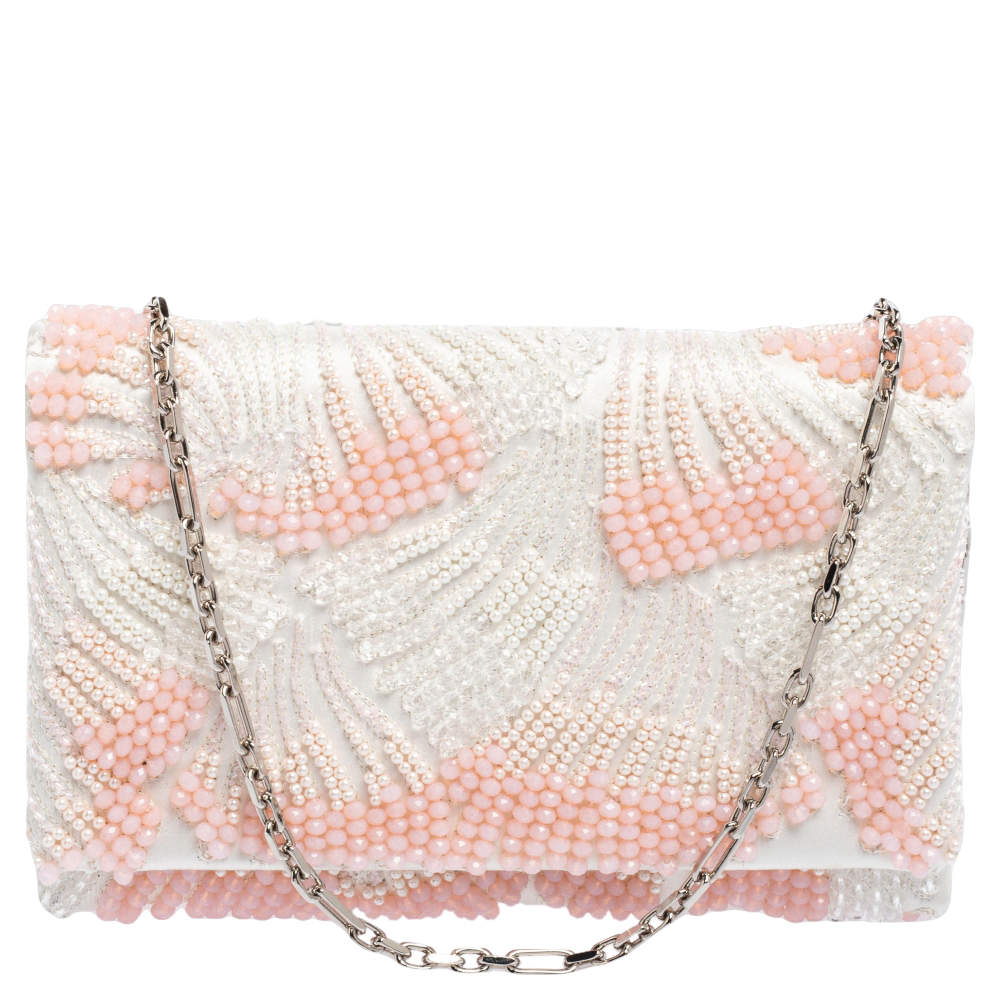 Pre Owned Oscar de la Renta White Satin Beaded Clutch