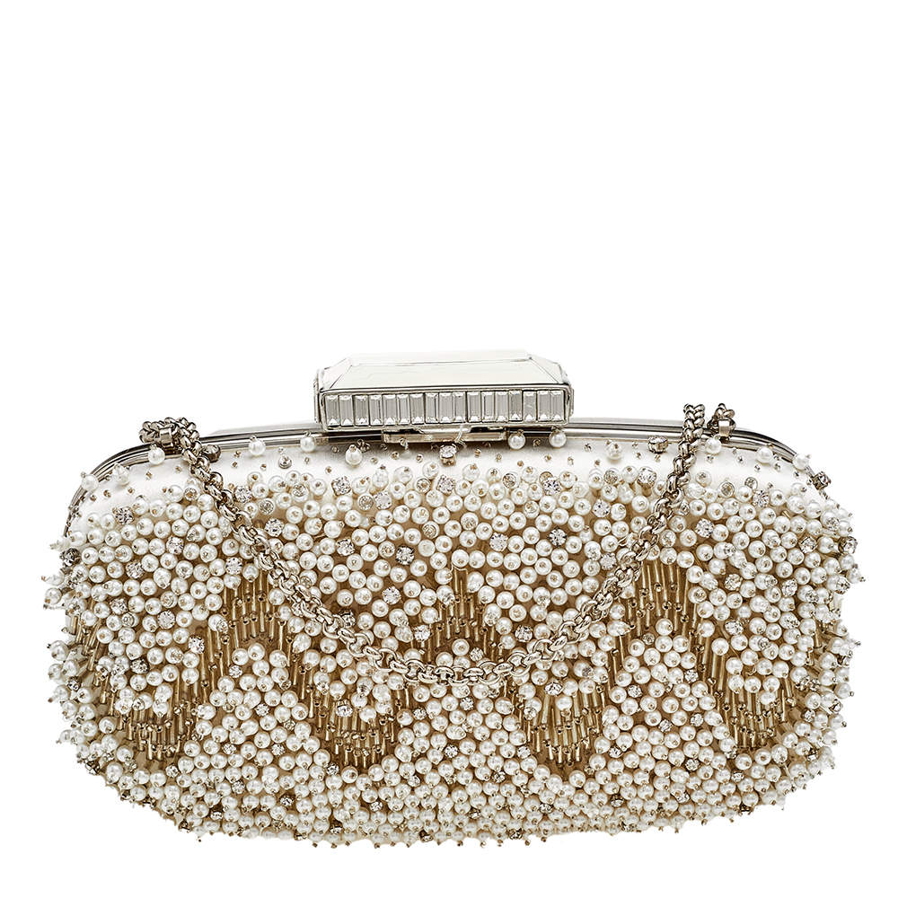 Pre Owned Oscar de la Renta White Satin Embellished Crown Goa Clutch