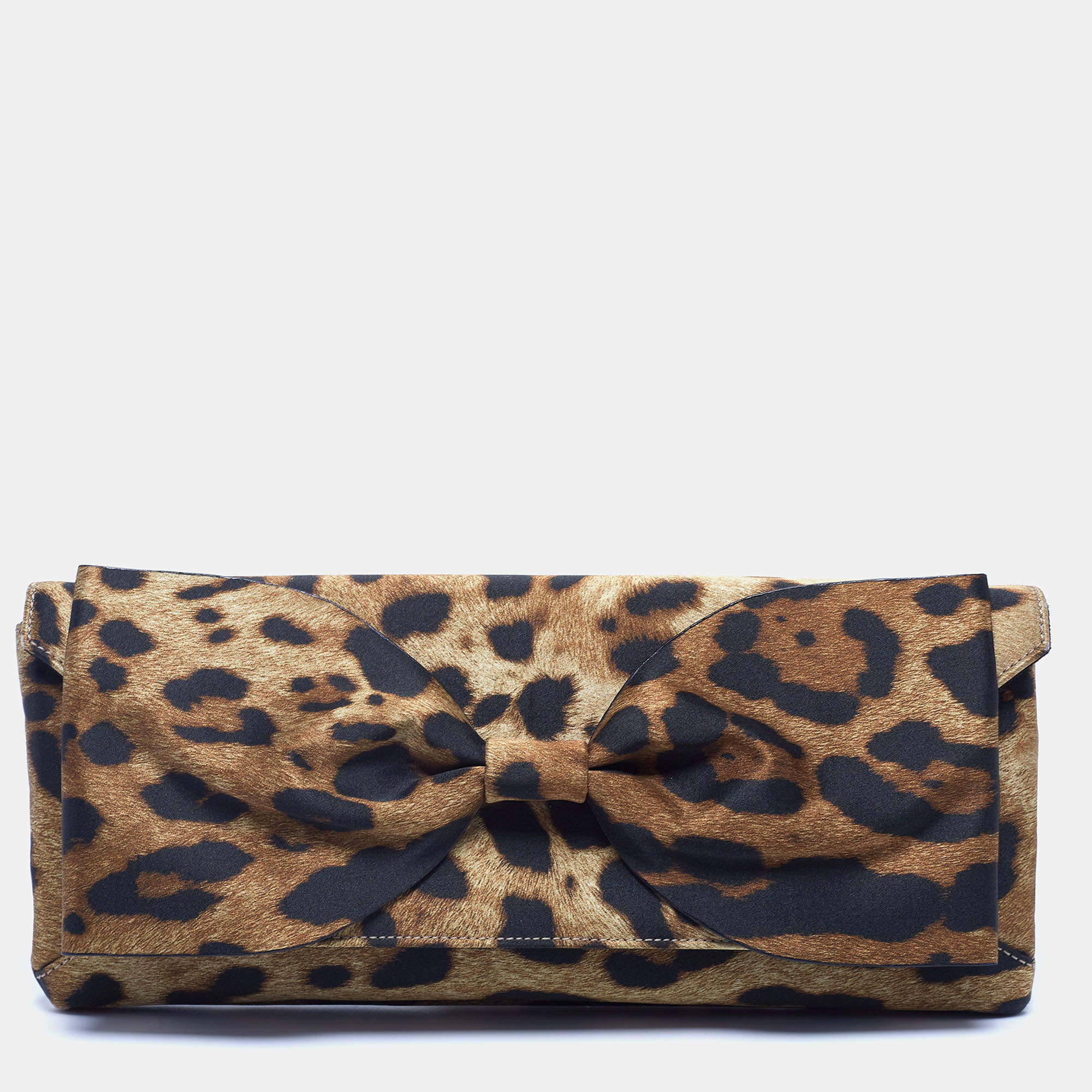 Pre Owned Oscar de la Renta Brown/Black Satin Leopard Print Bow Clutch 